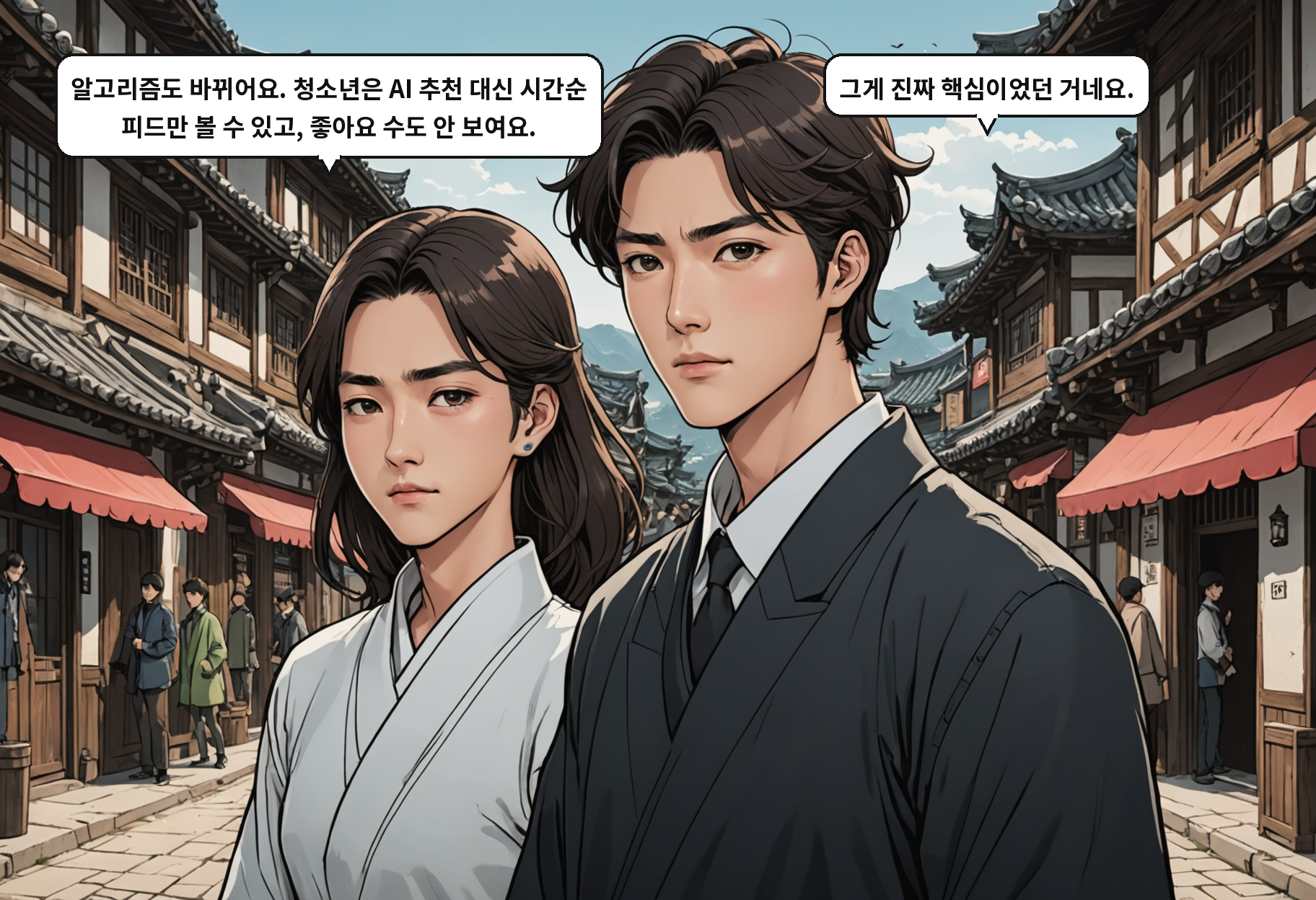 B: 알고리즘도 바뀌어요. 청소년은 AI 추천 대신 시간순 피드만 볼 수 있고, 좋아요 수도 안 보여요. A: 그게 진짜 핵심이었던 거네요.