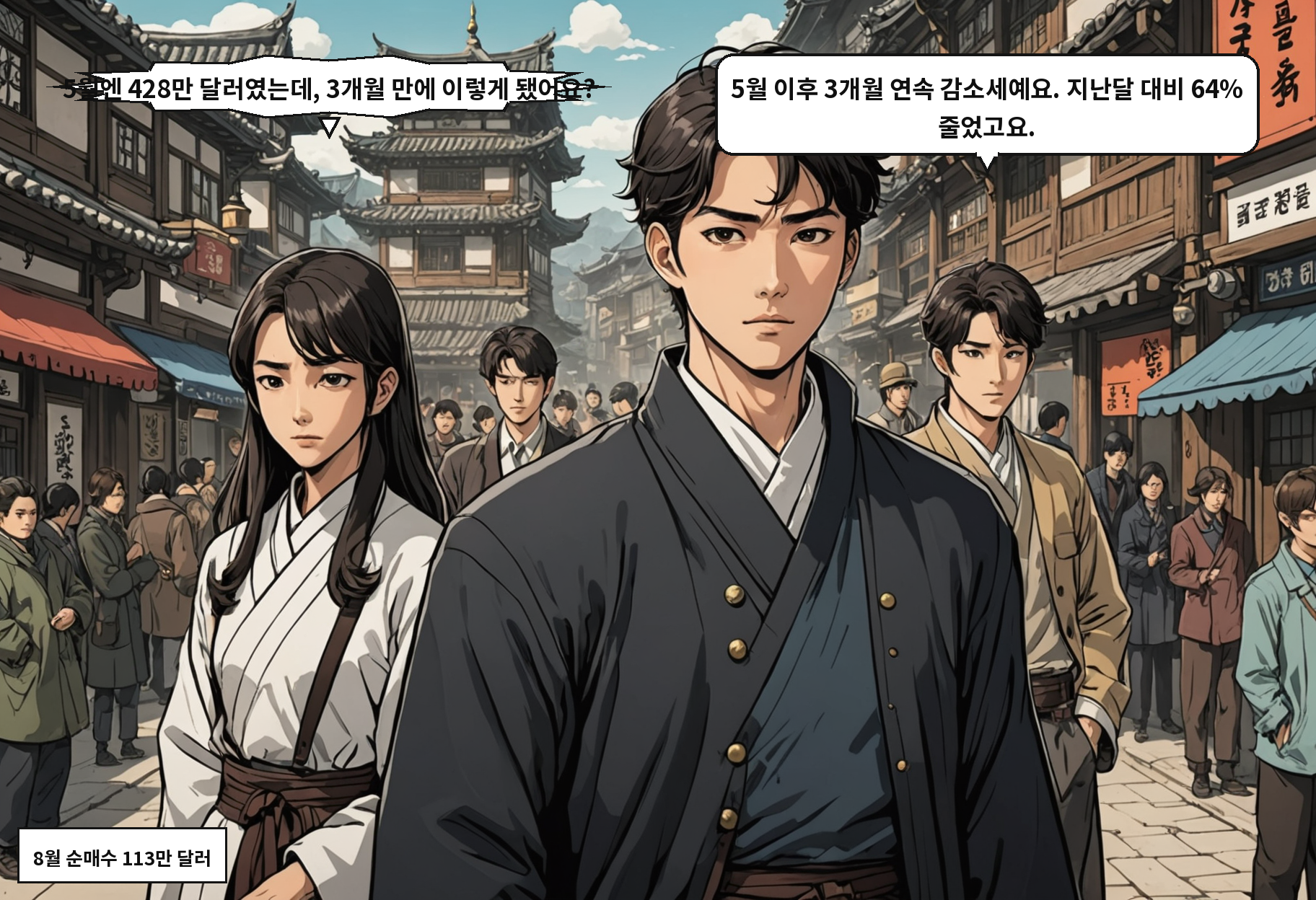 B: 5월엔 428만 달러였는데, 3개월 만에 이렇게 됐어요? A: 5월 이후 3개월 연속 감소세예요. 지난달 대비 64% 줄었고요.