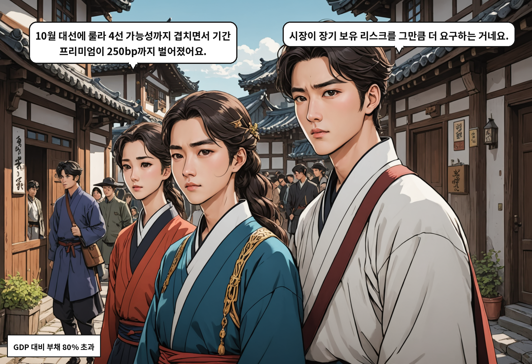 A: 10월 대선에 룰라 4선 가능성까지 겹치면서 기간 프리미엄이 250bp까지 벌어졌어요. B: 시장이 장기 보유 리스크를 그만큼 더 요구하는 거네요.