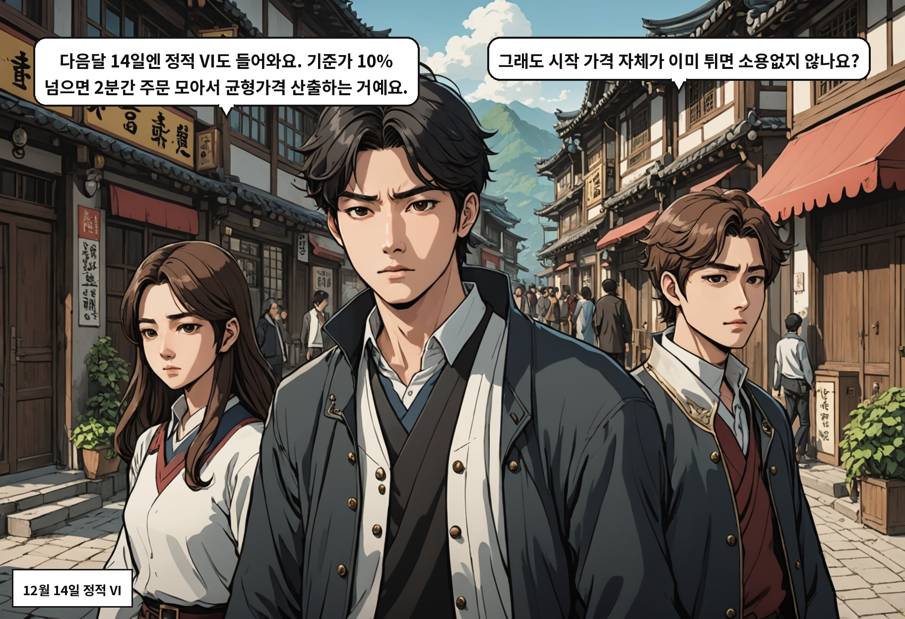 A: 다음달 14일엔 정적 VI도 들어와요. 기준가 10% 넘으면 2분간 주문 모아서 균형가격 산출하는 거예요. B: 그래도 시작 가격 자체가 이미 튀면 소용없지 않나요?