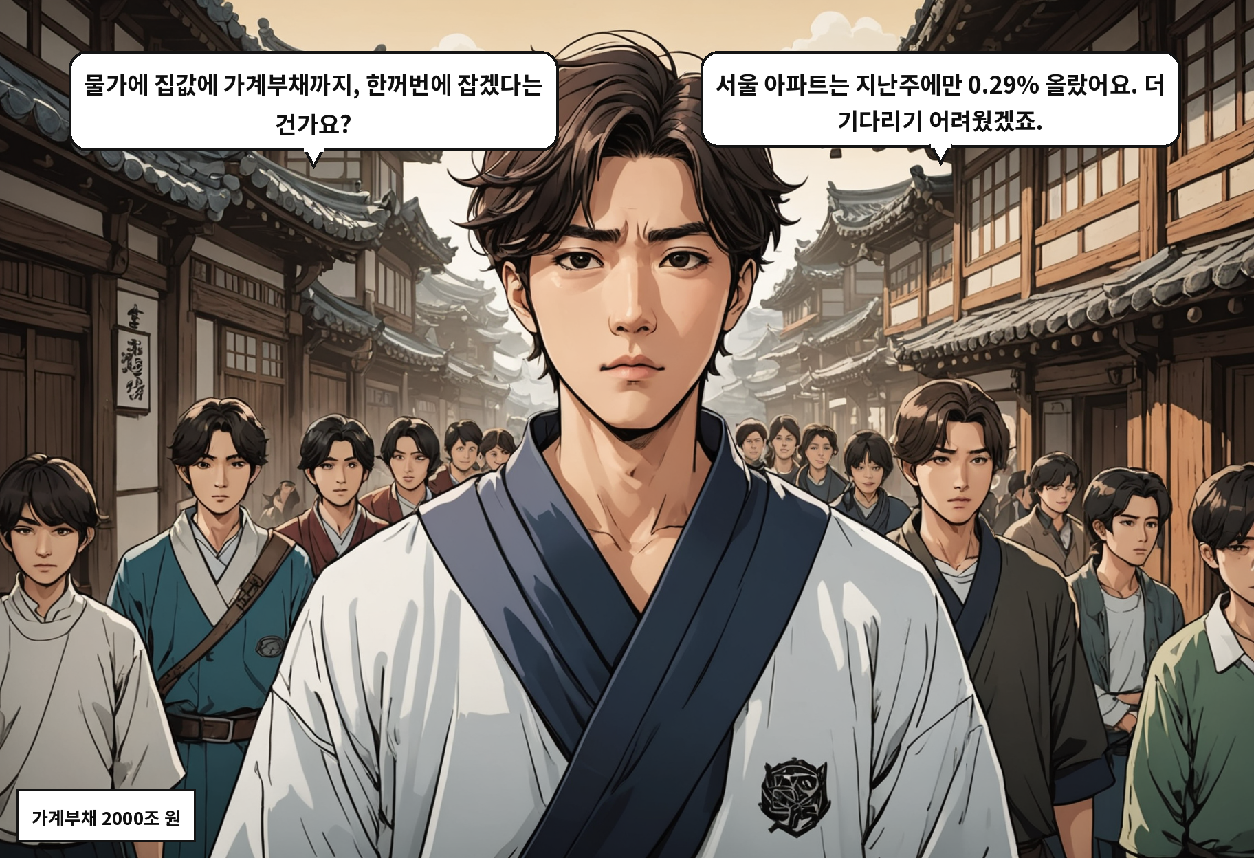 B: 물가에 집값에 가계부채까지, 한꺼번에 잡겠다는 건가요? A: 서울 아파트는 지난주에만 0.29% 올랐어요. 더 기다리기 어려웠겠죠.