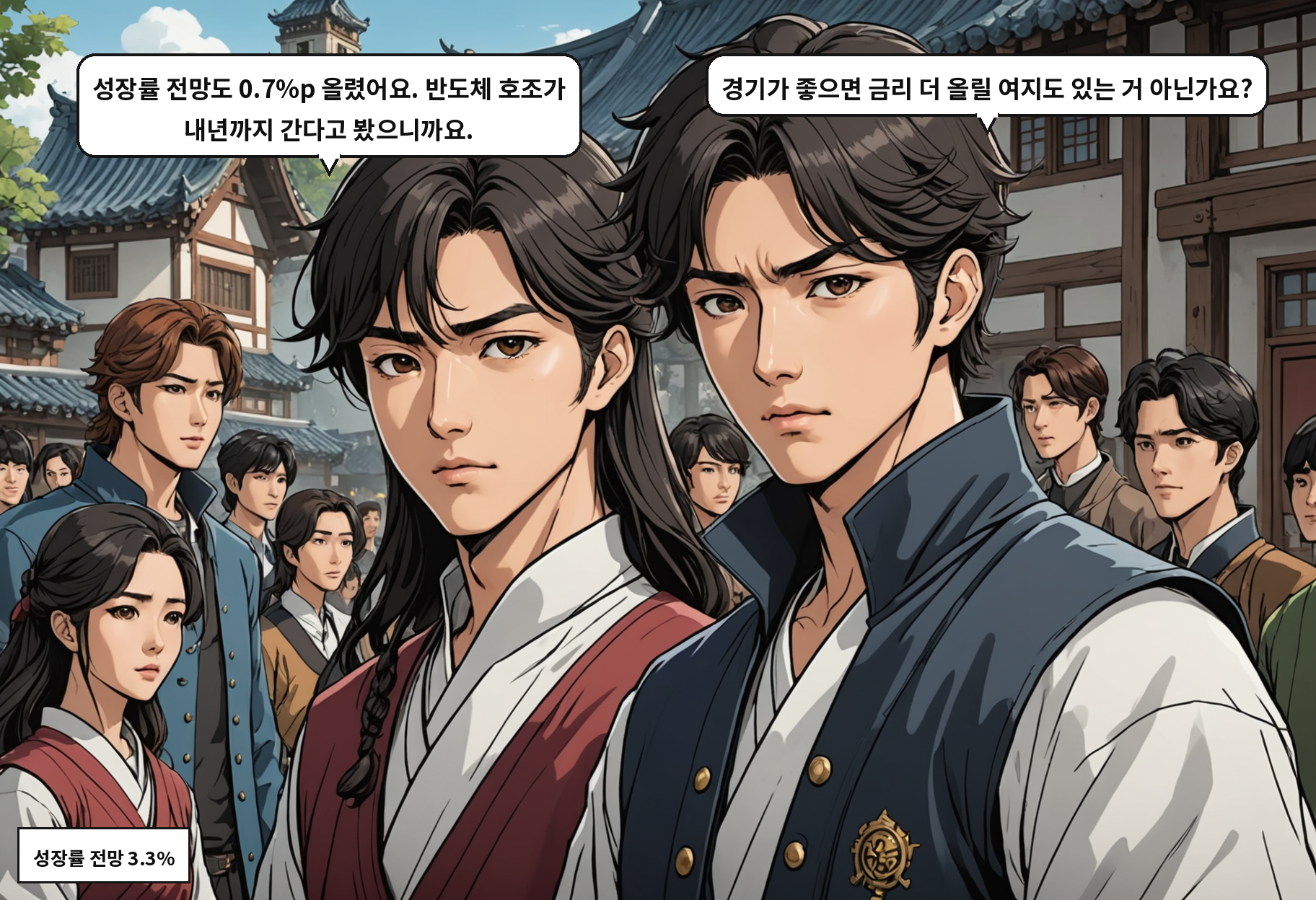 A: 성장률 전망도 0.7%p 올렸어요. 반도체 호조가 내년까지 간다고 봤으니까요. B: 경기가 좋으면 금리 더 올릴 여지도 있는 거 아닌가요?
