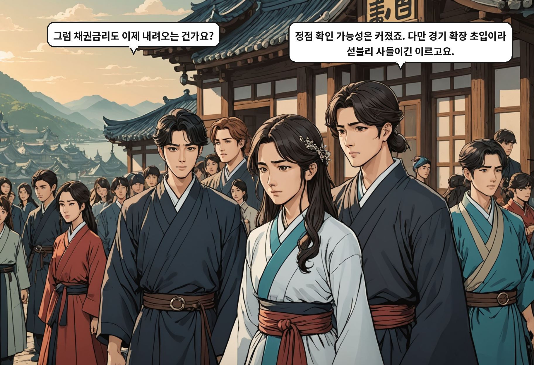 B: 그럼 채권금리도 이제 내려오는 건가요? A: 정점 확인 가능성은 커졌죠. 다만 경기 확장 초입이라 섣불리 사들이긴 이르고요.