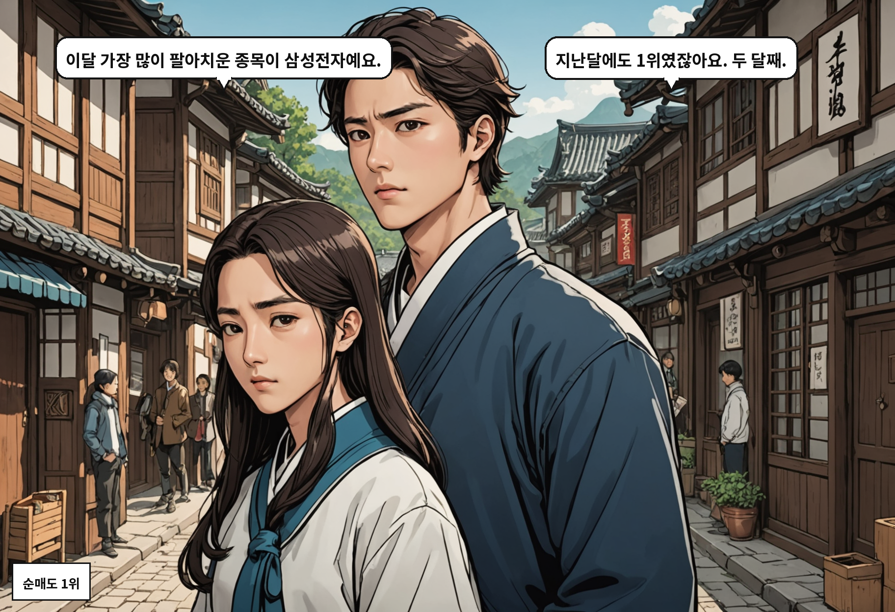 A: 이달 가장 많이 팔아치운 종목이 삼성전자예요. B: 지난달에도 1위였잖아요. 두 달째.