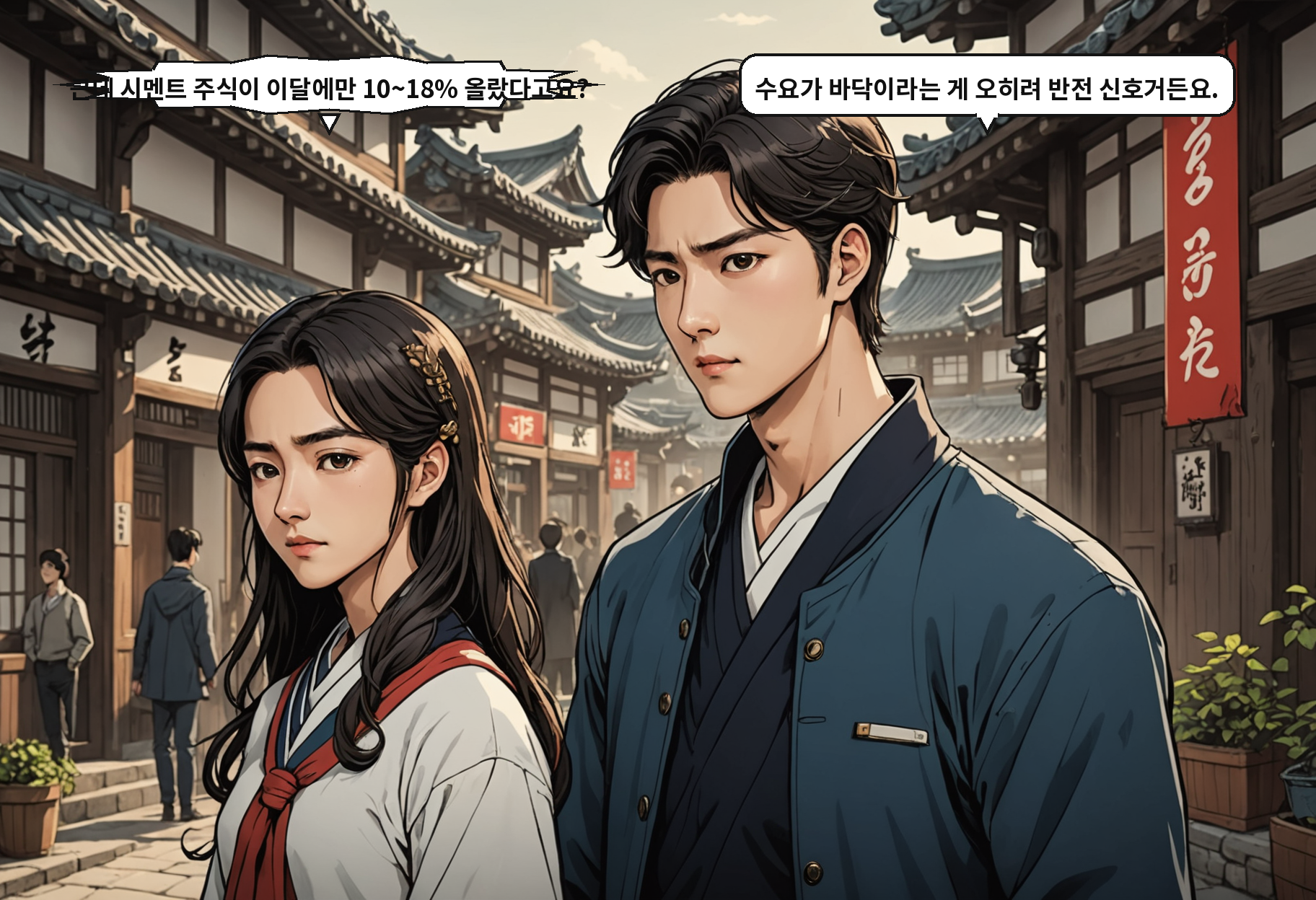 B: 근데 시멘트 주식이 이달에만 10~18% 올랐다고요? A: 수요가 바닥이라는 게 오히려 반전 신호거든요.