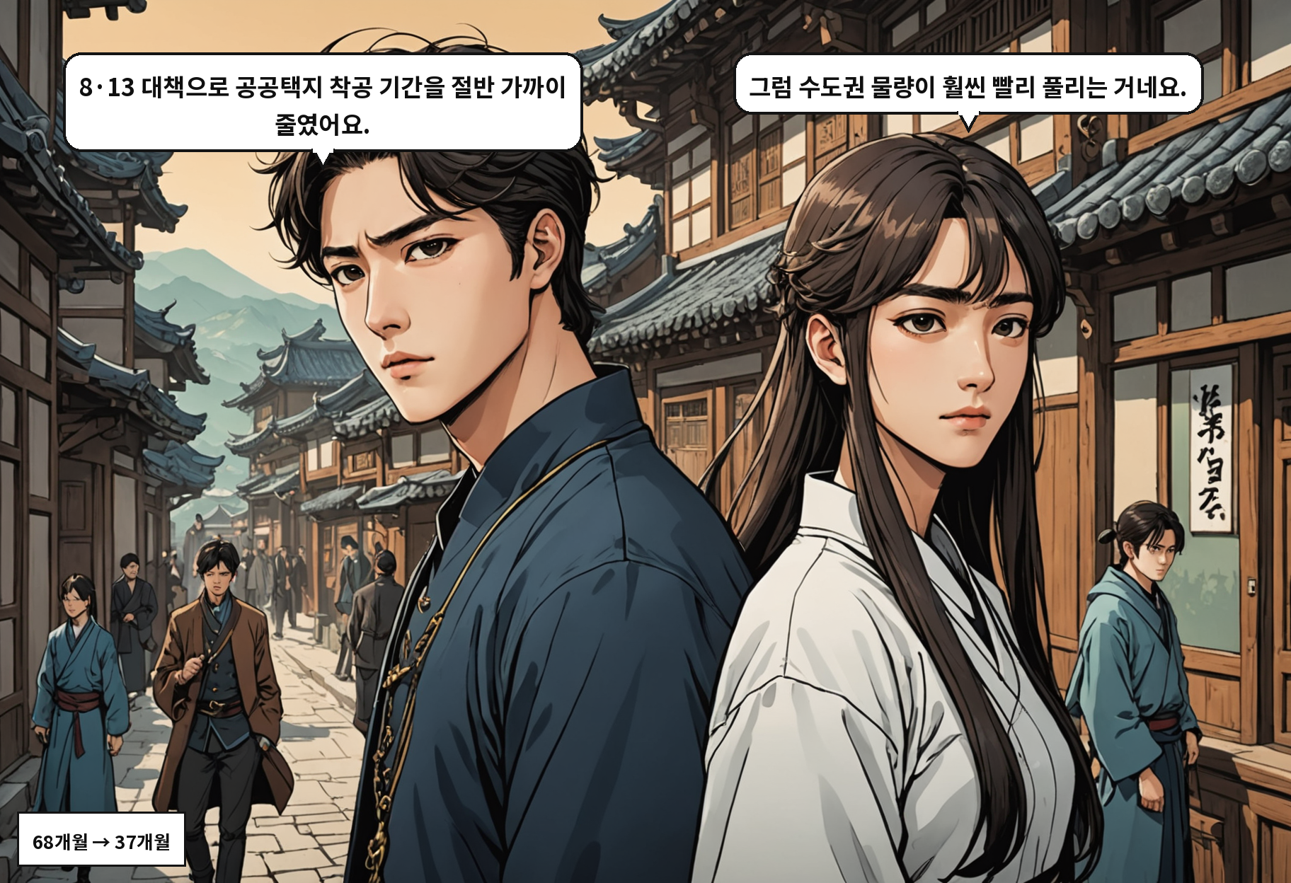 A: 8·13 대책으로 공공택지 착공 기간을 절반 가까이 줄였어요. B: 그럼 수도권 물량이 훨씬 빨리 풀리는 거네요.