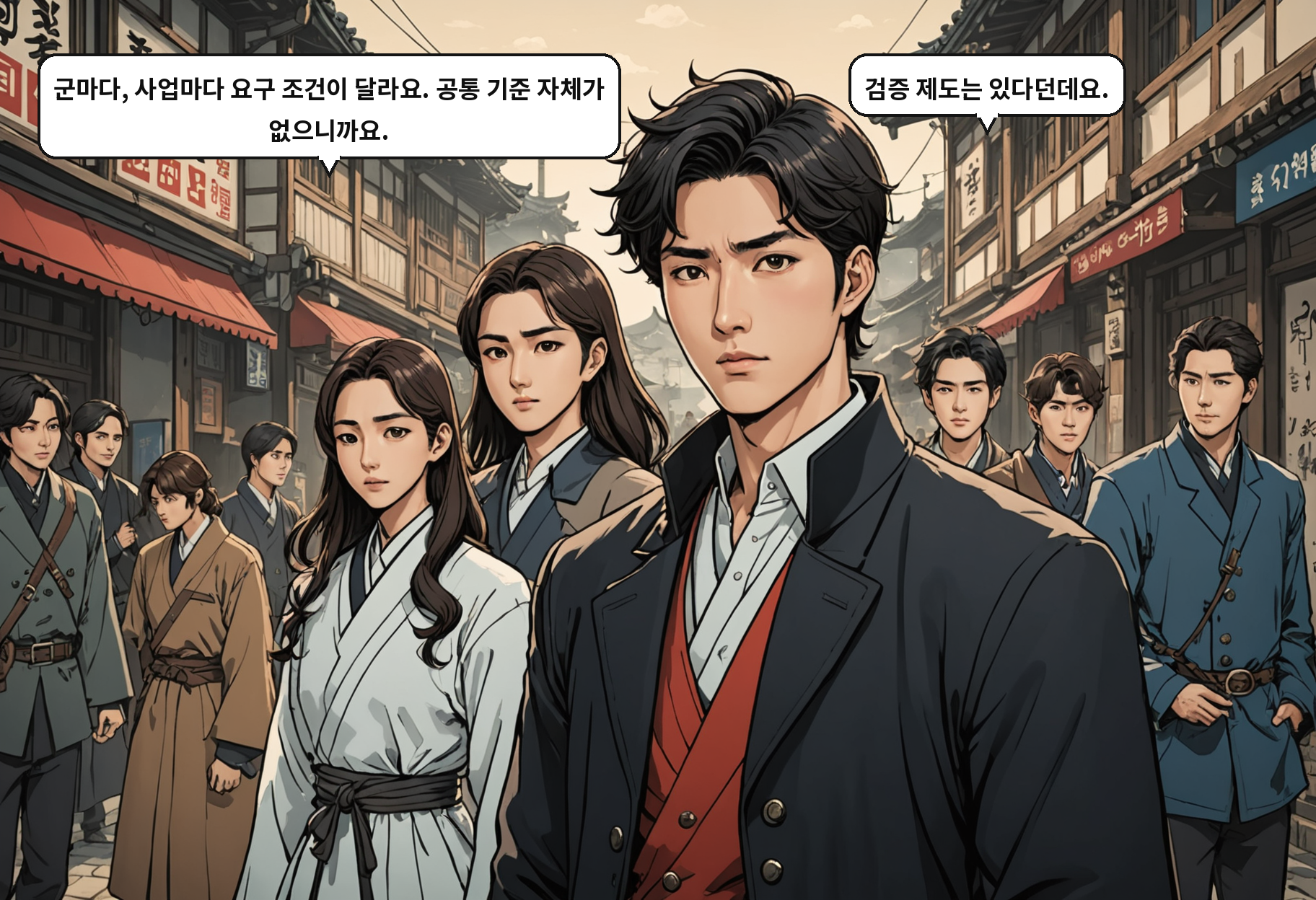 A: 군마다, 사업마다 요구 조건이 달라요. 공통 기준 자체가 없으니까요. B: 검증 제도는 있다던데요.