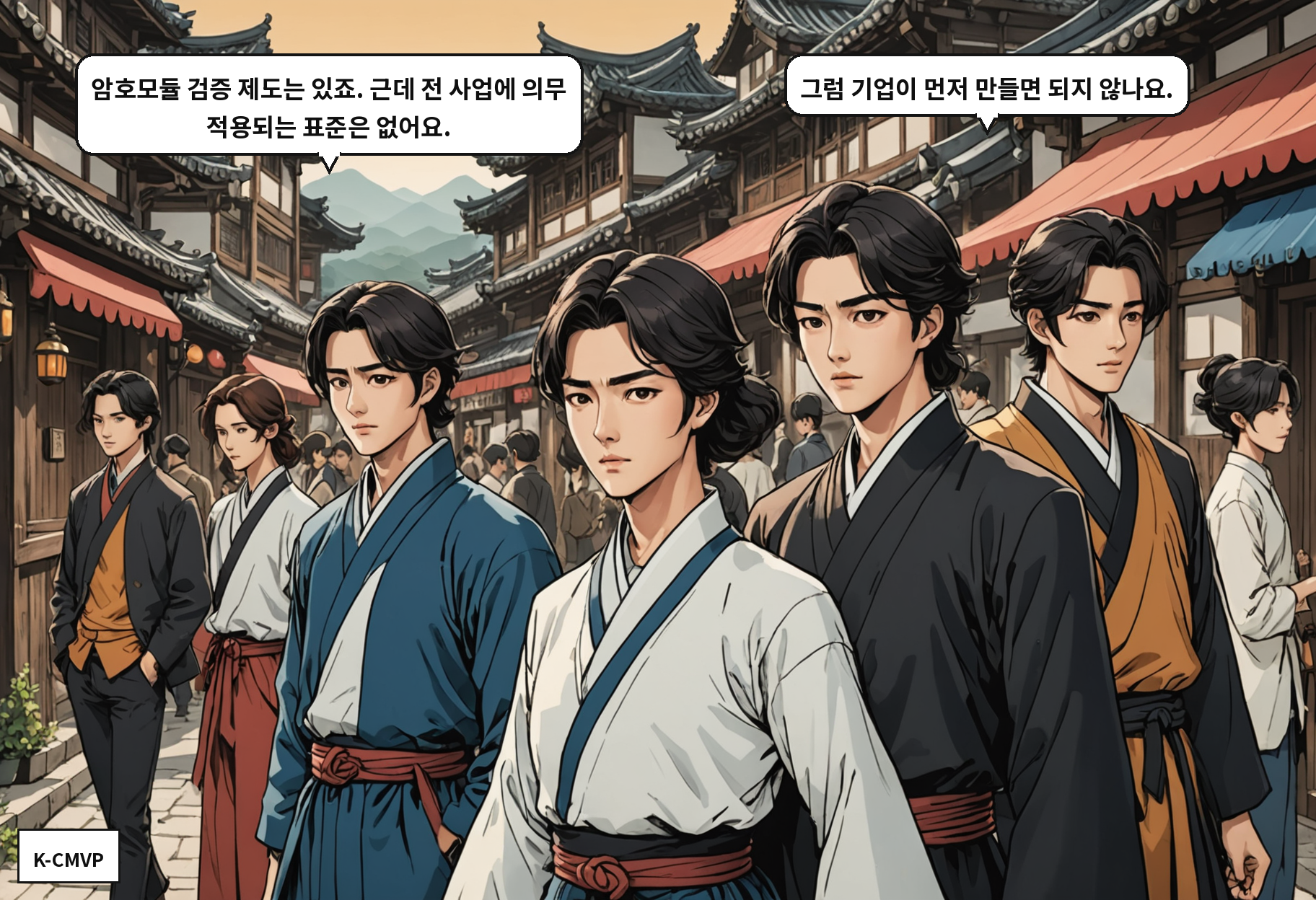 A: 암호모듈 검증 제도는 있죠. 근데 전 사업에 의무 적용되는 표준은 없어요. B: 그럼 기업이 먼저 만들면 되지 않나요.