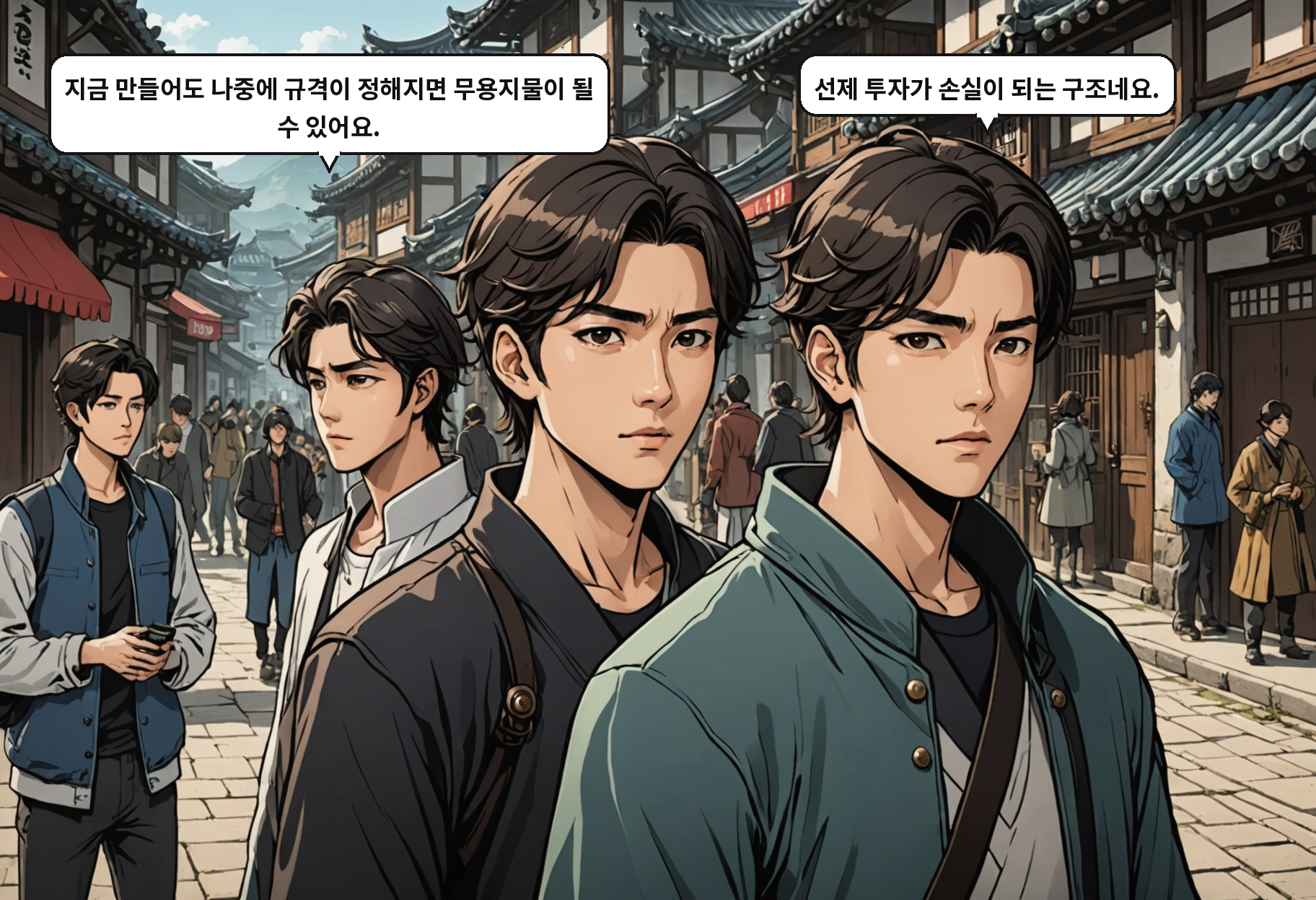 A: 지금 만들어도 나중에 규격이 정해지면 무용지물이 될 수 있어요. B: 선제 투자가 손실이 되는 구조네요.