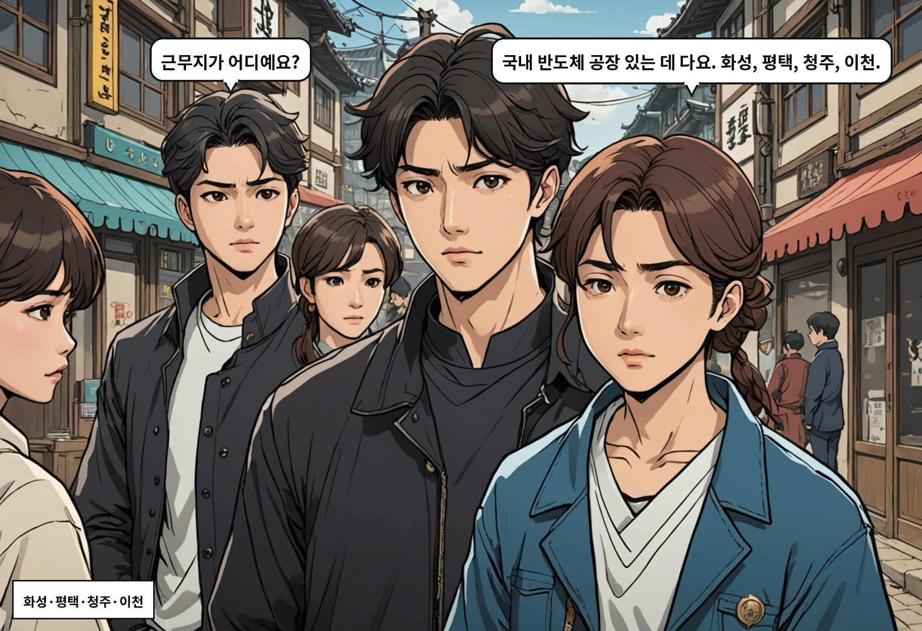 A: 근무지가 어디예요? B: 국내 반도체 공장 있는 데 다요. 화성, 평택, 청주, 이천.