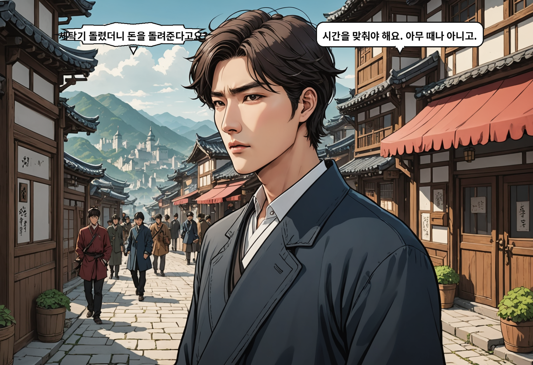A: 세탁기 돌렸더니 돈을 돌려준다고요? B: 시간을 맞춰야 해요. 아무 때나 아니고.