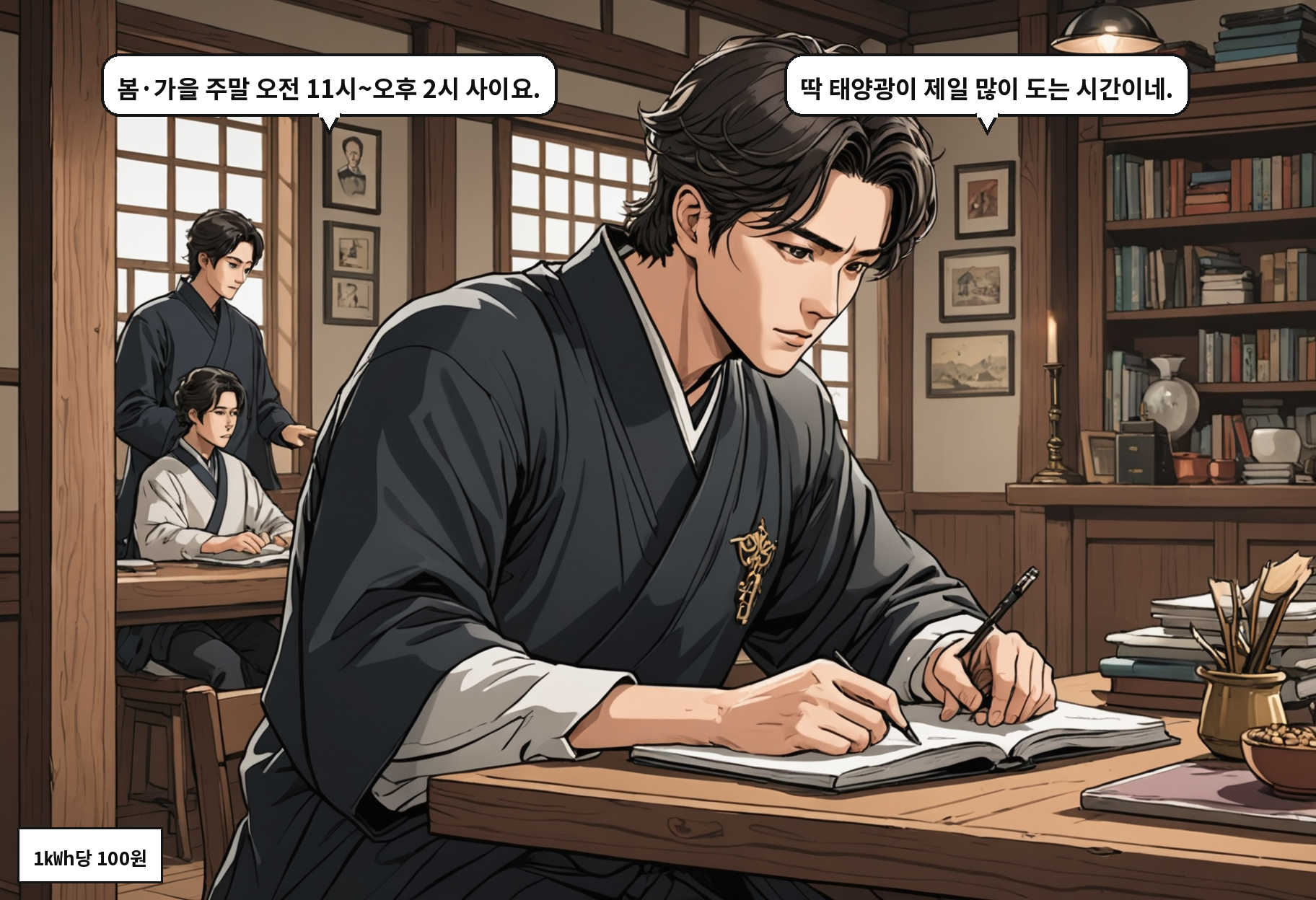 B: 봄·가을 주말 오전 11시~오후 2시 사이요. A: 딱 태양광이 제일 많이 도는 시간이네.