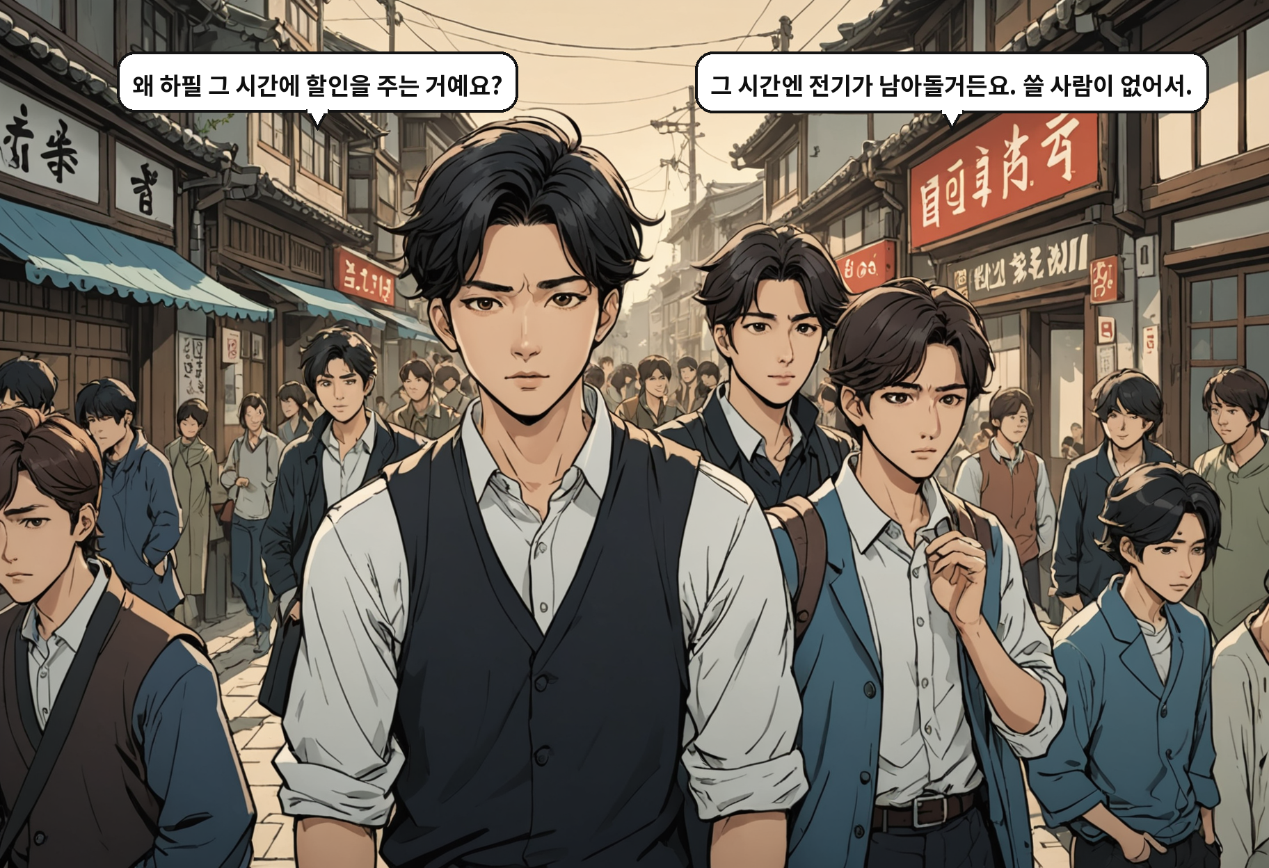 A: 왜 하필 그 시간에 할인을 주는 거예요? B: 그 시간엔 전기가 남아돌거든요. 쓸 사람이 없어서.