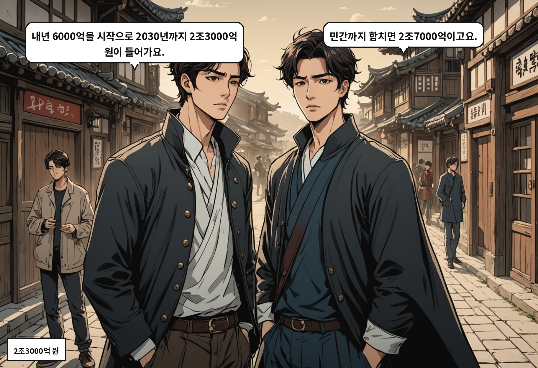 A: 내년 6000억을 시작으로 2030년까지 2조3000억 원이 들어가요. B: 민간까지 합치면 2조7000억이고요.