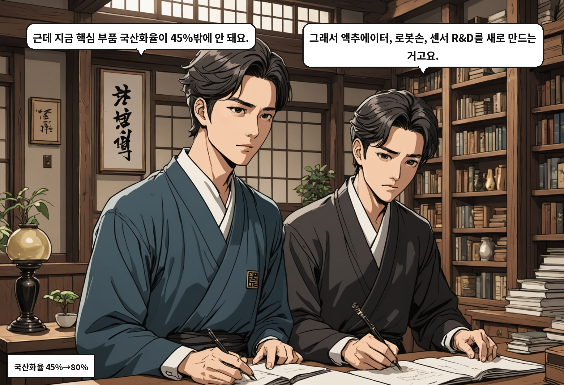 B: 근데 지금 핵심 부품 국산화율이 45%밖에 안 돼요. A: 그래서 액추에이터, 로봇손, 센서 R&D를 새로 만드는 거고요.