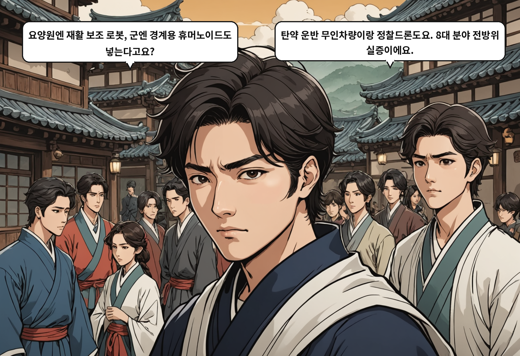 B: 요양원엔 재활 보조 로봇, 군엔 경계용 휴머노이드도 넣는다고요? A: 탄약 운반 무인차량이랑 정찰드론도요. 8대 분야 전방위 실증이에요.