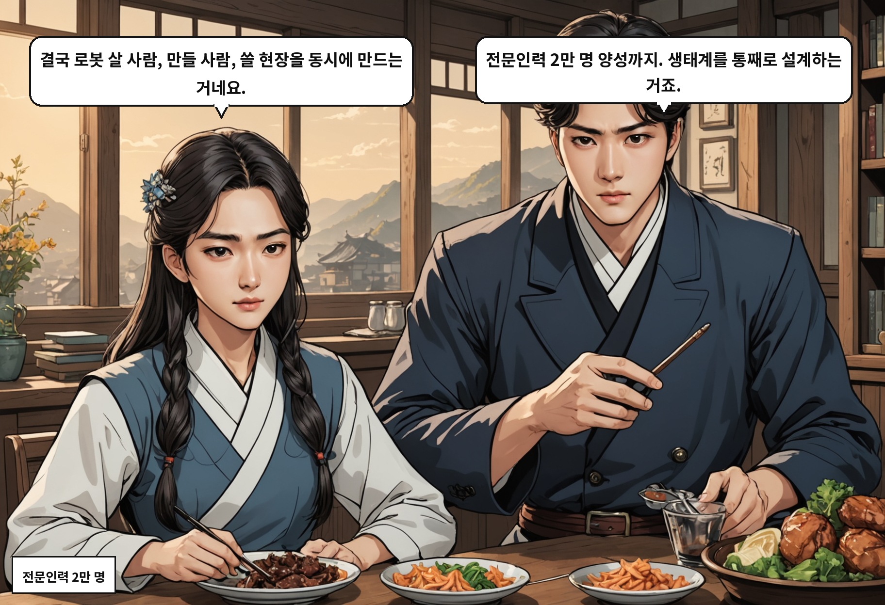 B: 결국 로봇 살 사람, 만들 사람, 쓸 현장을 동시에 만드는 거네요. A: 전문인력 2만 명 양성까지. 생태계를 통째로 설계하는 거죠.