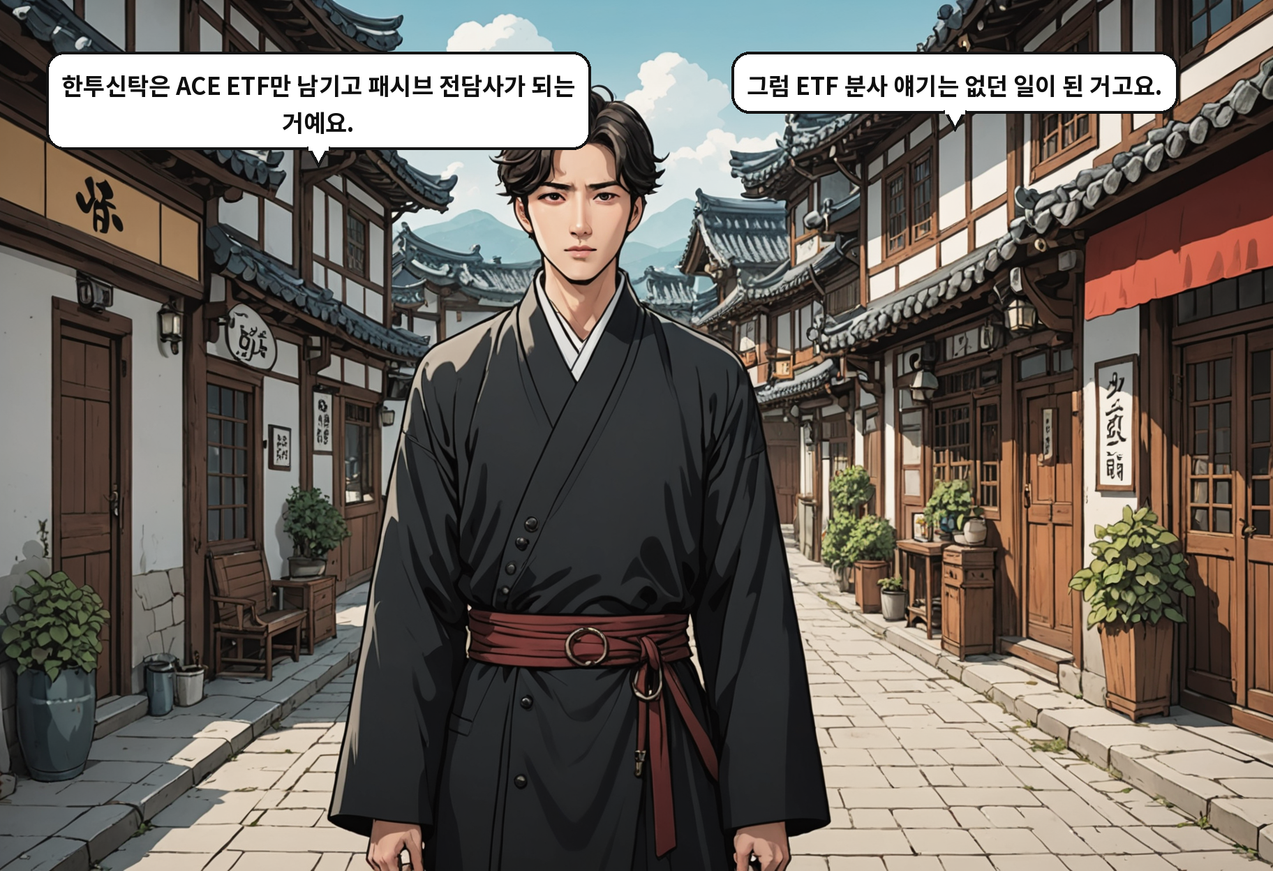 A: 한투신탁은 ACE ETF만 남기고 패시브 전담사가 되는 거예요. B: 그럼 ETF 분사 얘기는 없던 일이 된 거고요.