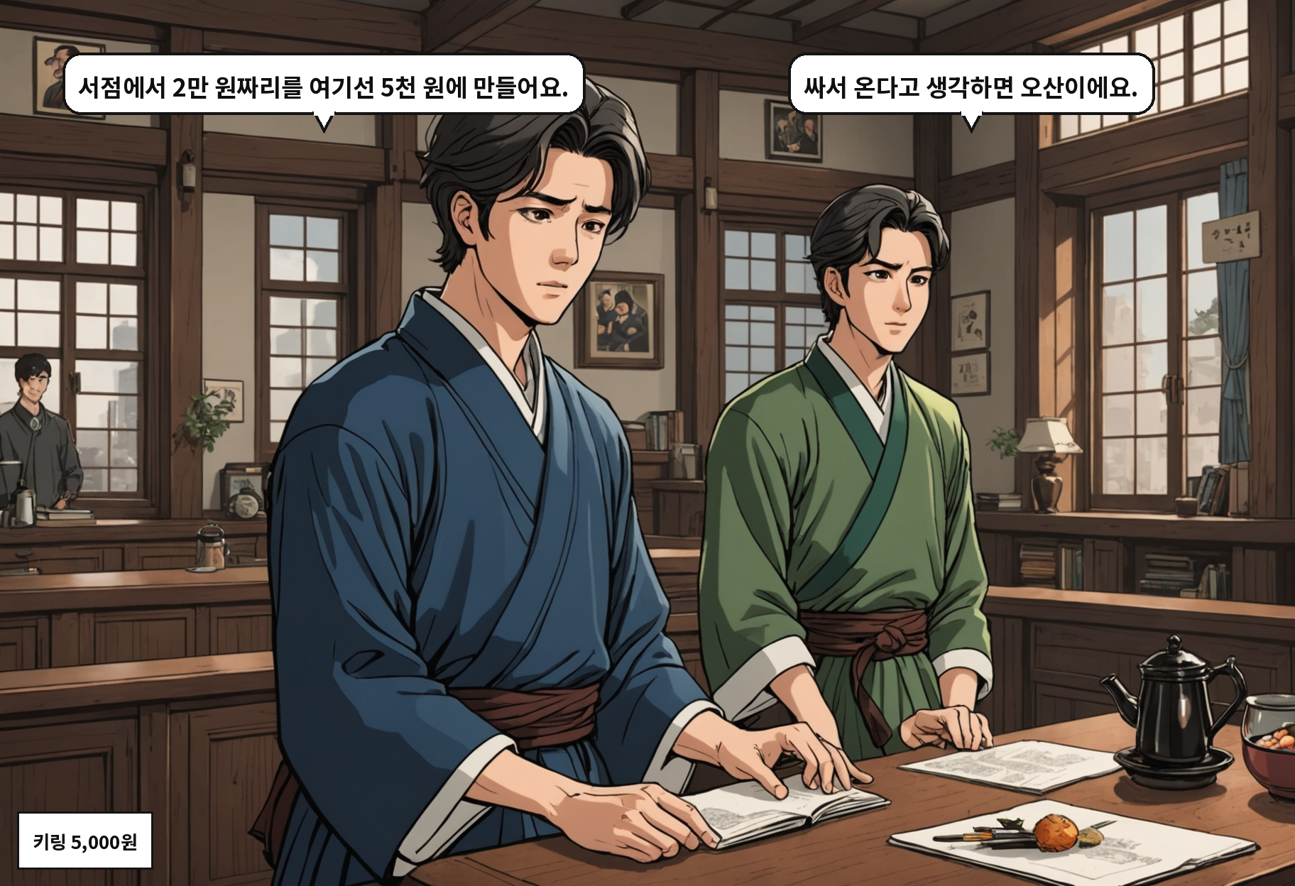 A: 서점에서 2만 원짜리를 여기선 5천 원에 만들어요. B: 싸서 온다고 생각하면 오산이에요.