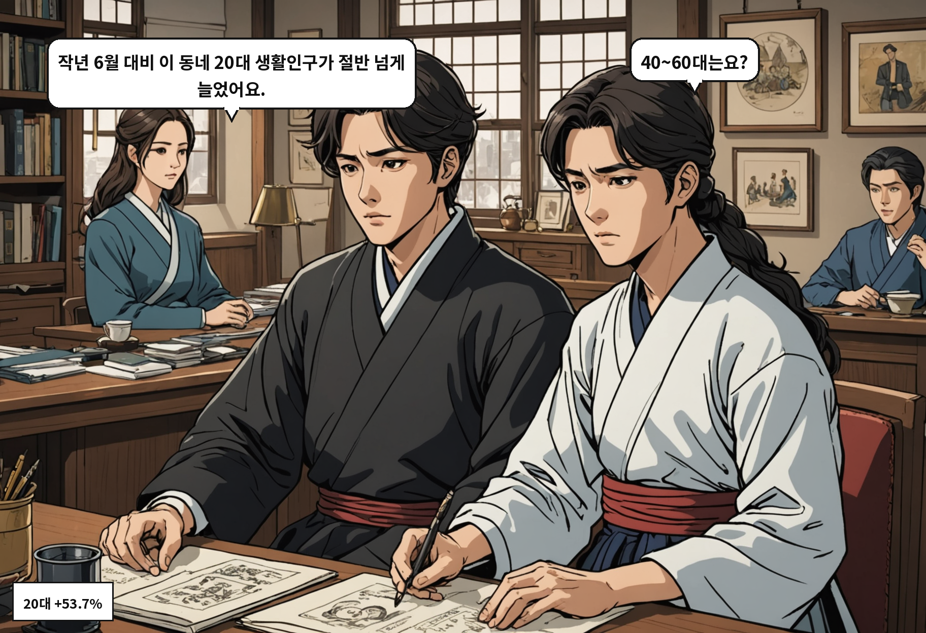 B: 작년 6월 대비 이 동네 20대 생활인구가 절반 넘게 늘었어요. A: 40~60대는요?