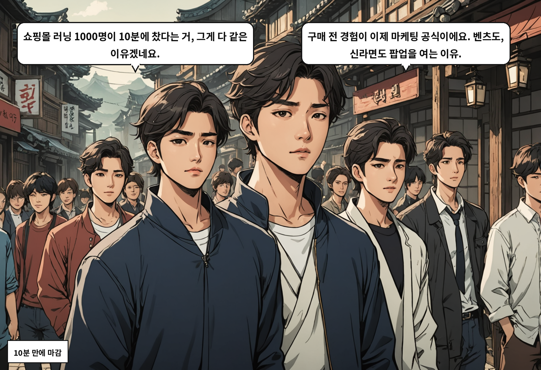 A: 쇼핑몰 러닝 1000명이 10분에 찼다는 거, 그게 다 같은 이유겠네요. B: 구매 전 경험이 이제 마케팅 공식이에요. 벤츠도, 신라면도 팝업을 여는 이유.