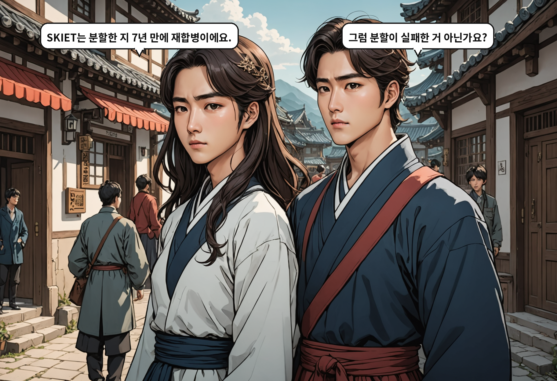 B: SKIET는 분할한 지 7년 만에 재합병이에요. A: 그럼 분할이 실패한 거 아닌가요?
