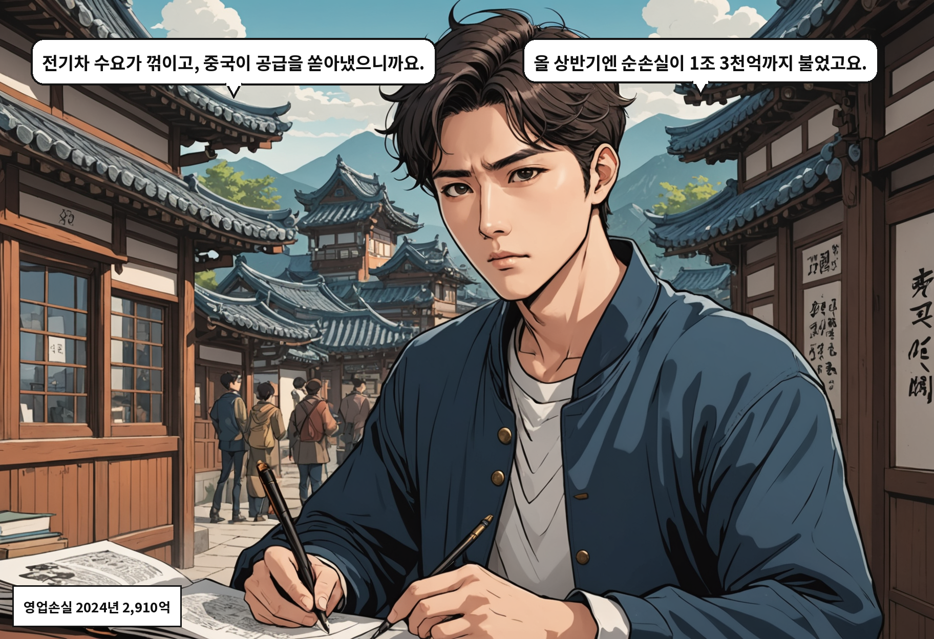 B: 전기차 수요가 꺾이고, 중국이 공급을 쏟아냈으니까요. A: 올 상반기엔 순손실이 1조 3천억까지 불었고요.