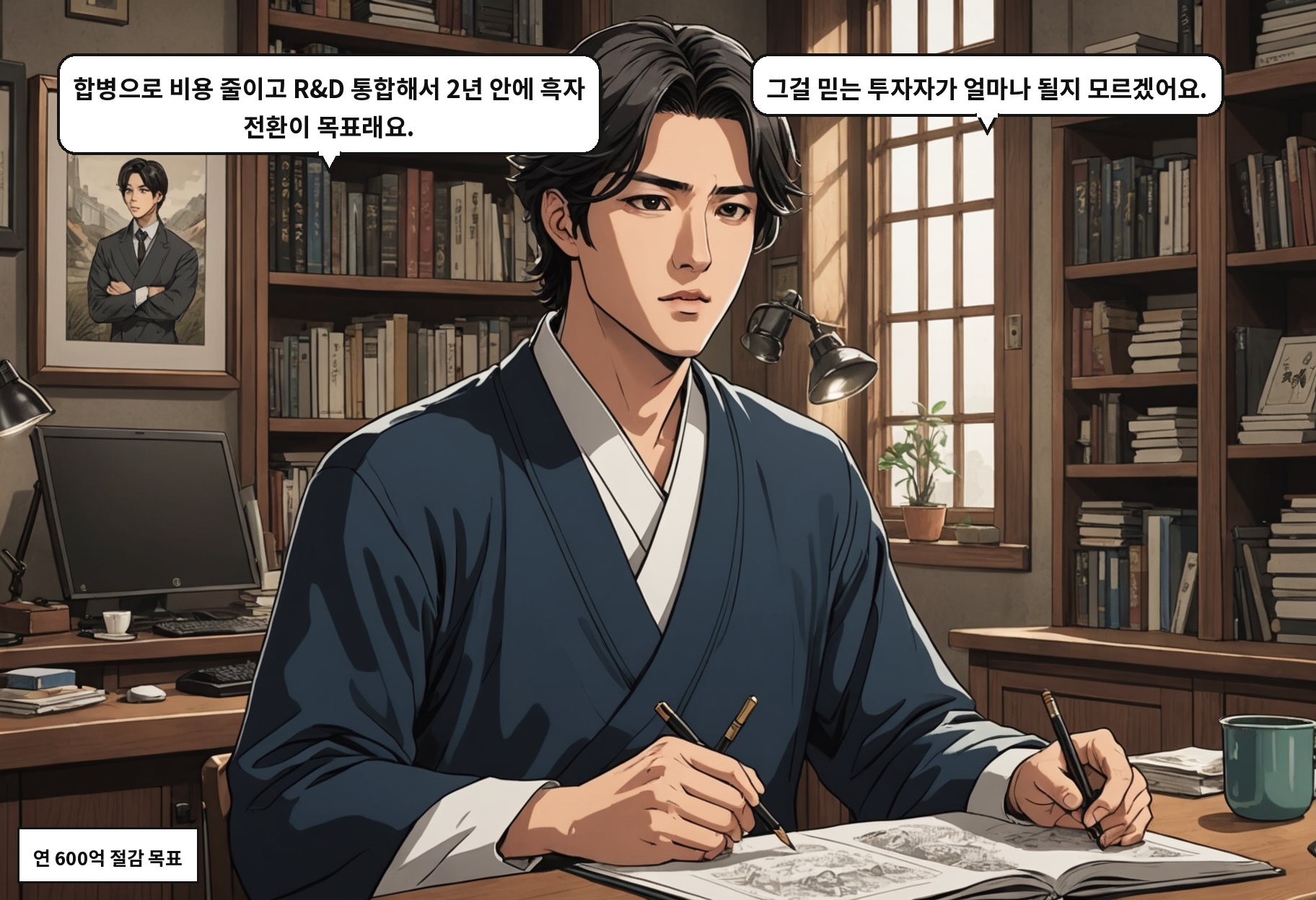 B: 합병으로 비용 줄이고 R&D 통합해서 2년 안에 흑자 전환이 목표래요. A: 그걸 믿는 투자자가 얼마나 될지 모르겠어요.