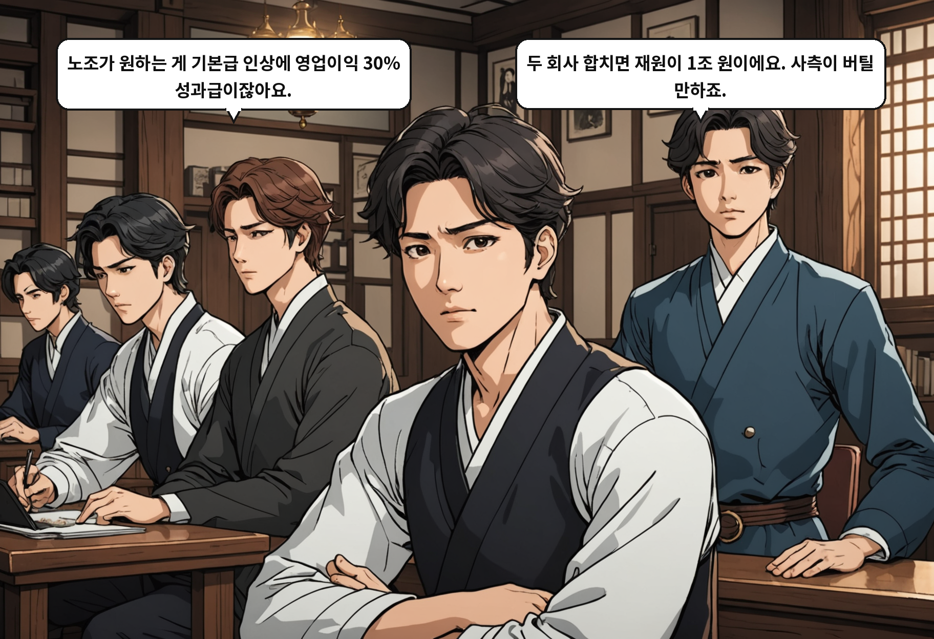 A: 노조가 원하는 게 기본급 인상에 영업이익 30% 성과급이잖아요. B: 두 회사 합치면 재원이 1조 원이에요. 사측이 버틸 만하죠.