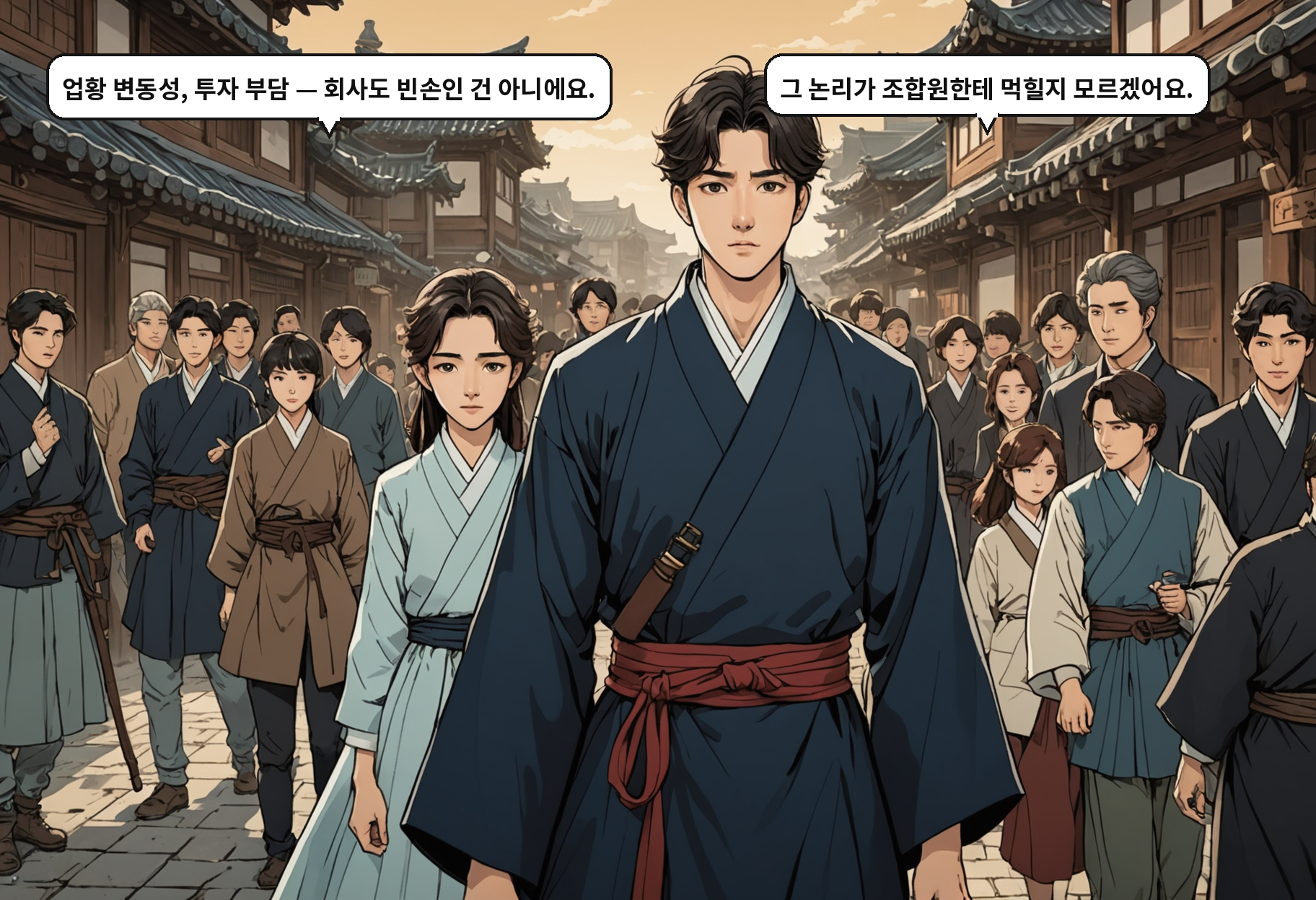 B: 업황 변동성, 투자 부담 — 회사도 빈손인 건 아니에요. A: 그 논리가 조합원한테 먹힐지 모르겠어요.