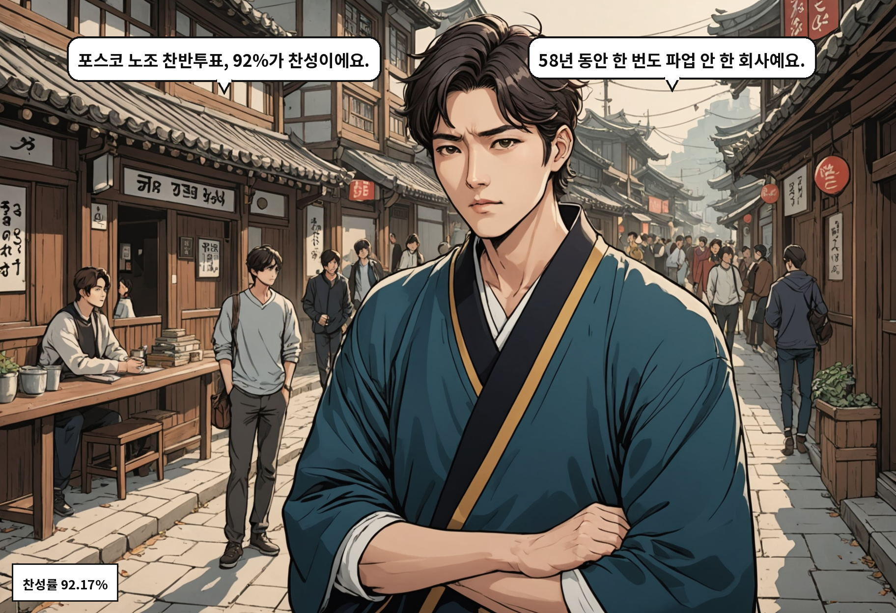 A: 포스코 노조 찬반투표, 92%가 찬성이에요. B: 58년 동안 한 번도 파업 안 한 회사예요.