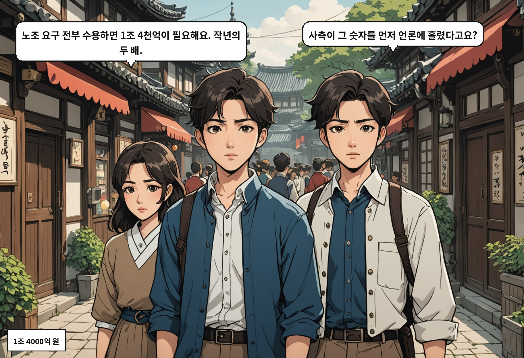 B: 노조 요구 전부 수용하면 1조 4천억이 필요해요. 작년의 두 배. A: 사측이 그 숫자를 먼저 언론에 흘렸다고요?