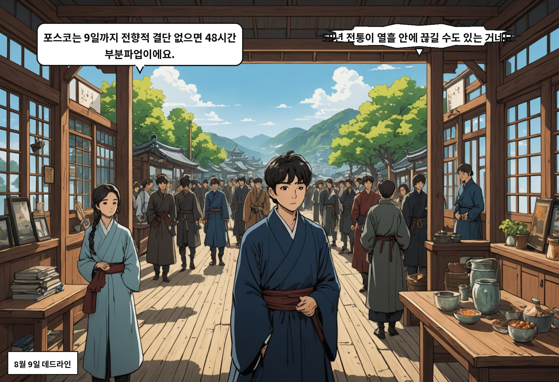 B: 포스코는 9일까지 전향적 결단 없으면 48시간 부분파업이에요. A: 58년 전통이 열흘 안에 끊길 수도 있는 거네요.
