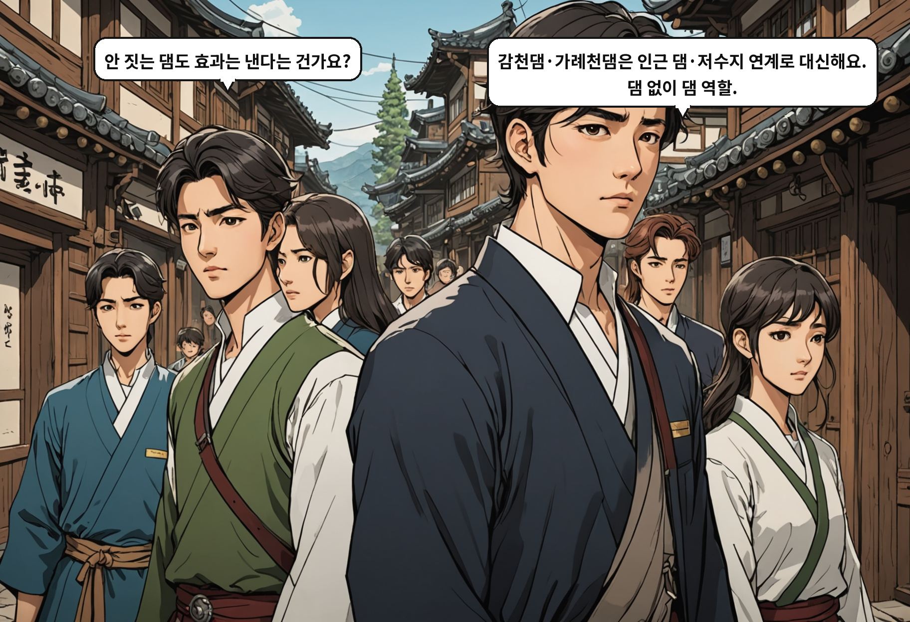 A: 안 짓는 댐도 효과는 낸다는 건가요? B: 감천댐·가례천댐은 인근 댐·저수지 연계로 대신해요. 댐 없이 댐 역할.