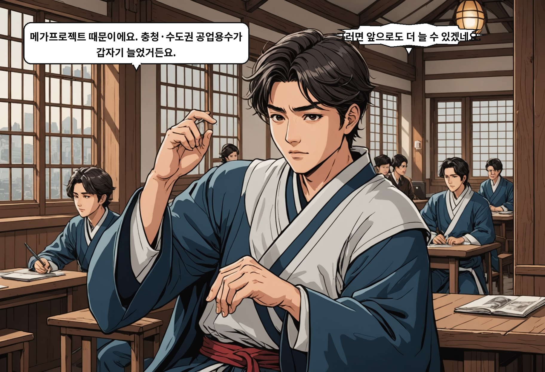 B: 메가프로젝트 때문이에요. 충청·수도권 공업용수가 갑자기 늘었거든요. A: 그러면 앞으로도 더 늘 수 있겠네요.