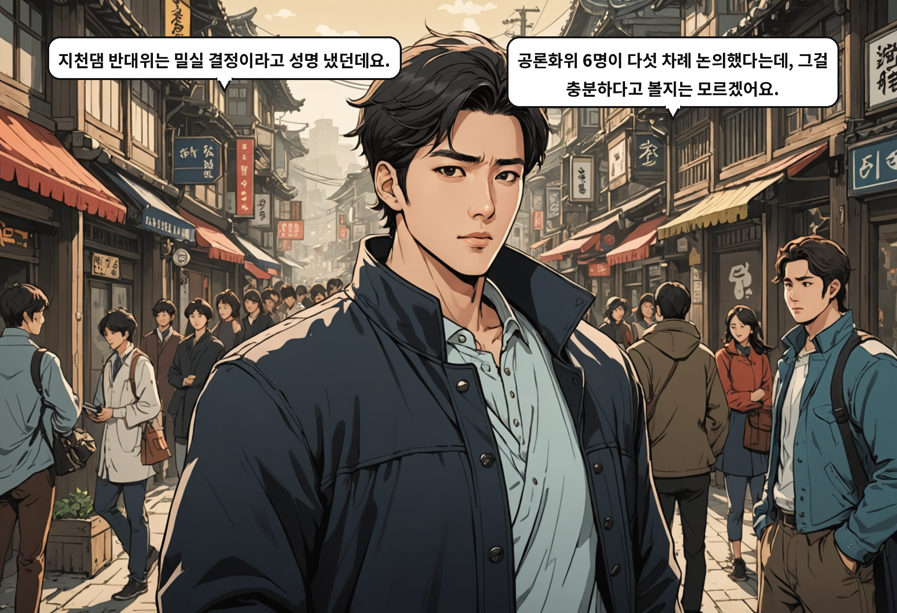 A: 지천댐 반대위는 밀실 결정이라고 성명 냈던데요. B: 공론화위 6명이 다섯 차례 논의했다는데, 그걸 충분하다고 볼지는 모르겠어요.