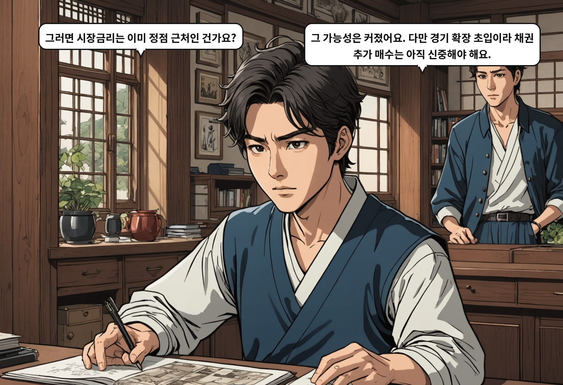 B: 그러면 시장금리는 이미 정점 근처인 건가요? A: 그 가능성은 커졌어요. 다만 경기 확장 초입이라 채권 추가 매수는 아직 신중해야 해요.
