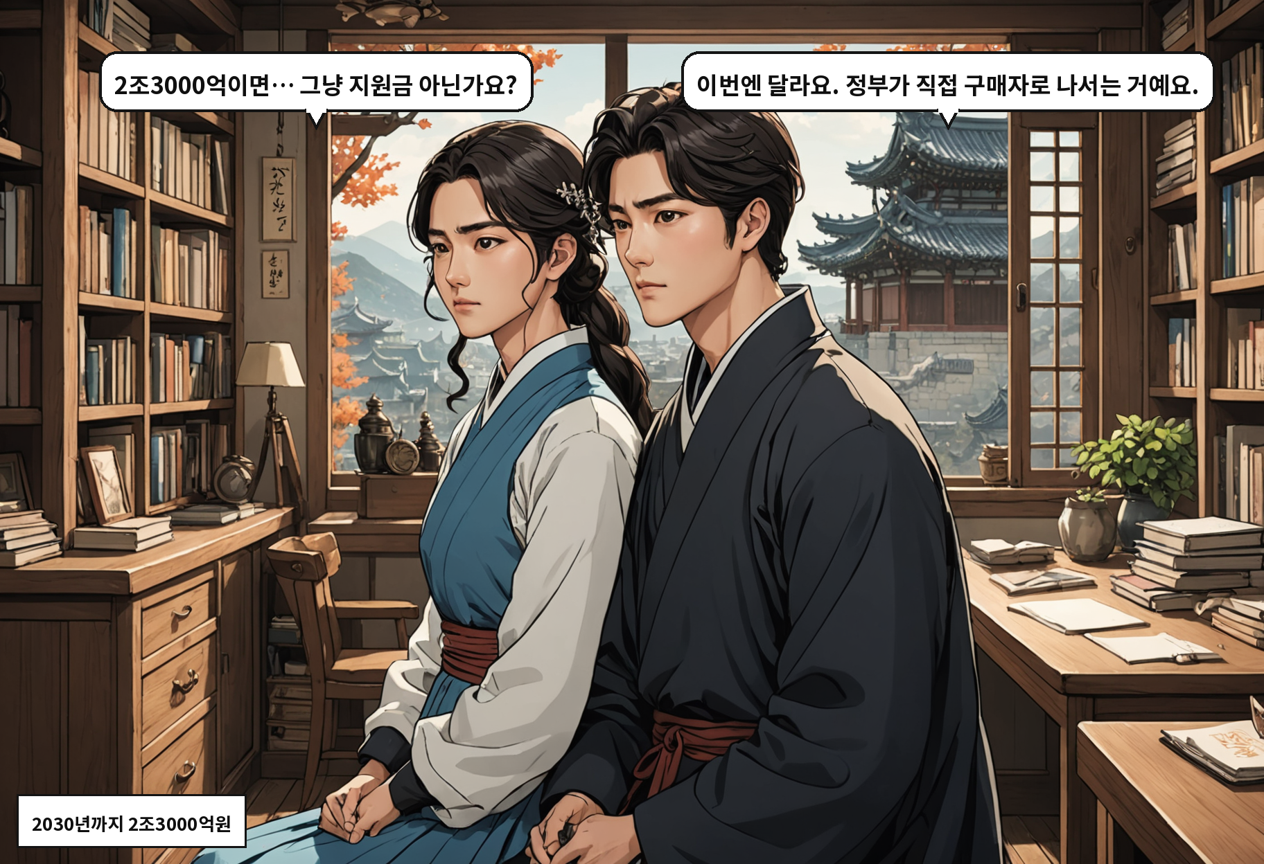 A: 2조3000억이면… 그냥 지원금 아닌가요? B: 이번엔 달라요. 정부가 직접 구매자로 나서는 거예요.