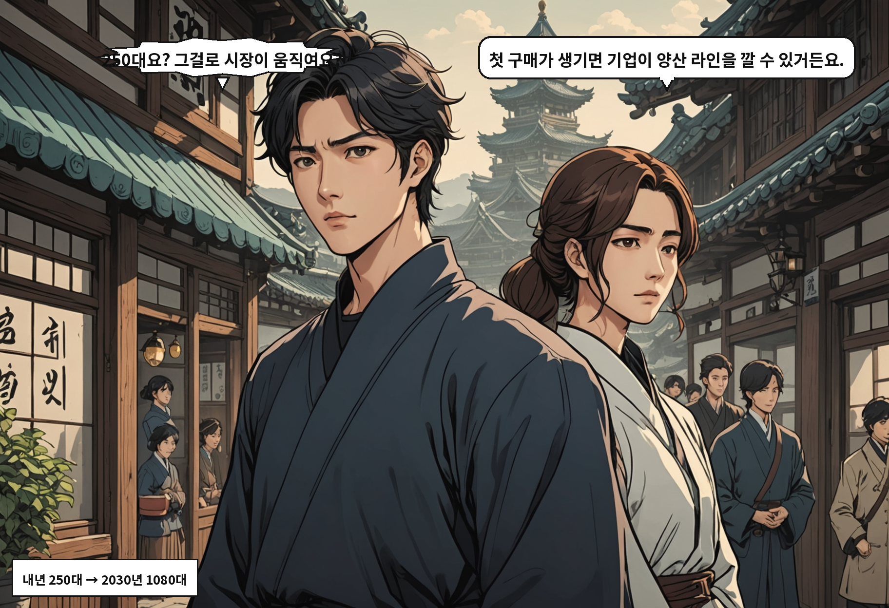 A: 250대요? 그걸로 시장이 움직여요? B: 첫 구매가 생기면 기업이 양산 라인을 깔 수 있거든요.