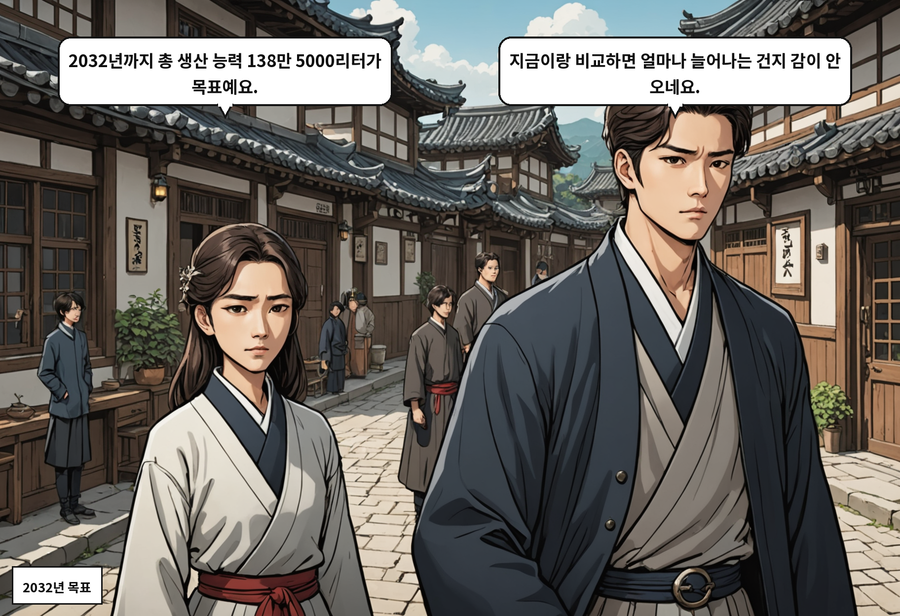 A: 2032년까지 총 생산 능력 138만 5000리터가 목표예요. B: 지금이랑 비교하면 얼마나 늘어나는 건지 감이 안 오네요.