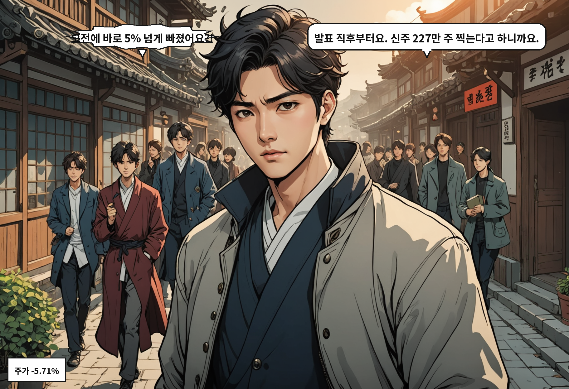 B: 오전에 바로 5% 넘게 빠졌어요?! A: 발표 직후부터요. 신주 227만 주 찍는다고 하니까요.