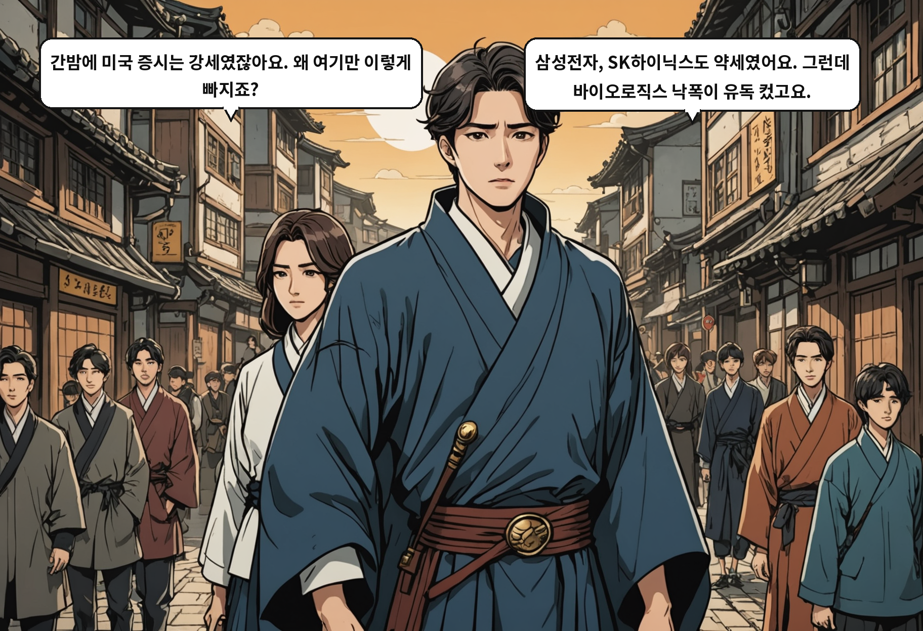 B: 간밤에 미국 증시는 강세였잖아요. 왜 여기만 이렇게 빠지죠? A: 삼성전자, SK하이닉스도 약세였어요. 그런데 바이오로직스 낙폭이 유독 컸고요.