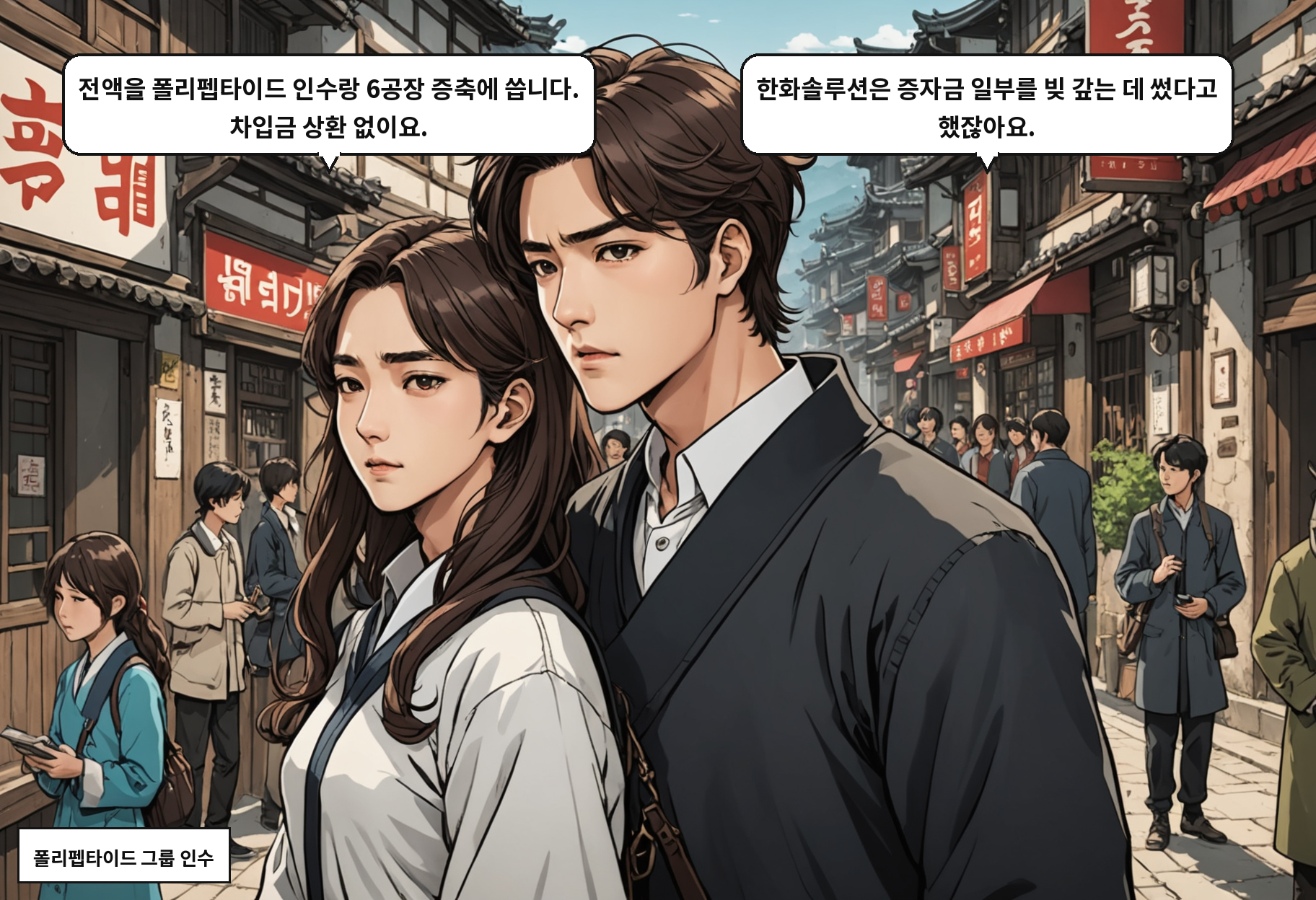 A: 전액을 폴리펩타이드 인수랑 6공장 증축에 씁니다. 차입금 상환 없이요. B: 한화솔루션은 증자금 일부를 빚 갚는 데 썼다고 했잖아요.