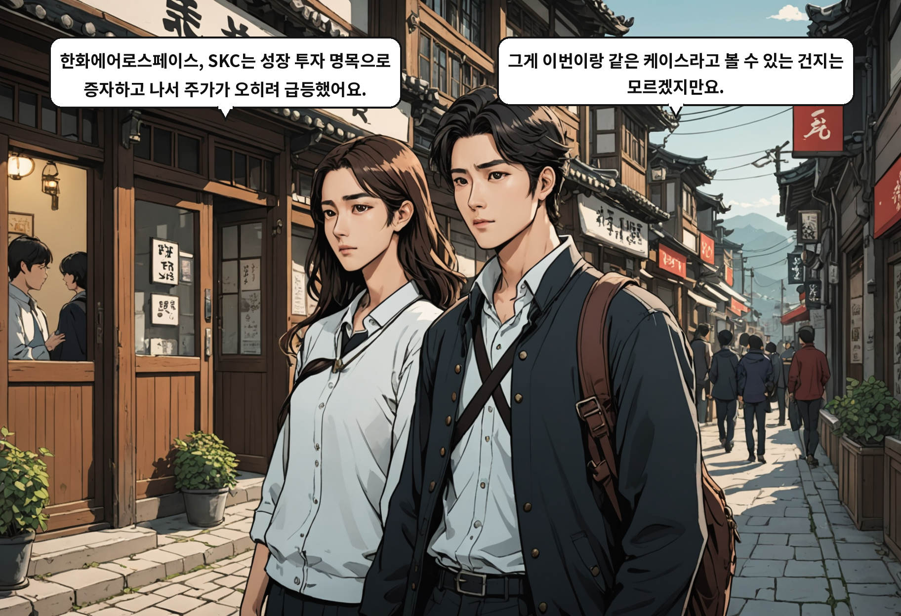 A: 한화에어로스페이스, SKC는 성장 투자 명목으로 증자하고 나서 주가가 오히려 급등했어요. B: 그게 이번이랑 같은 케이스라고 볼 수 있는 건지는 모르겠지만요.