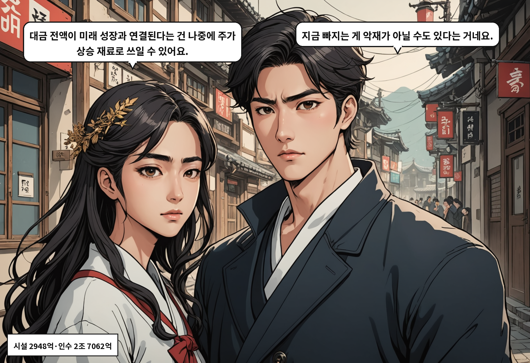 A: 대금 전액이 미래 성장과 연결된다는 건 나중에 주가 상승 재료로 쓰일 수 있어요. B: 지금 빠지는 게 악재가 아닐 수도 있다는 거네요.