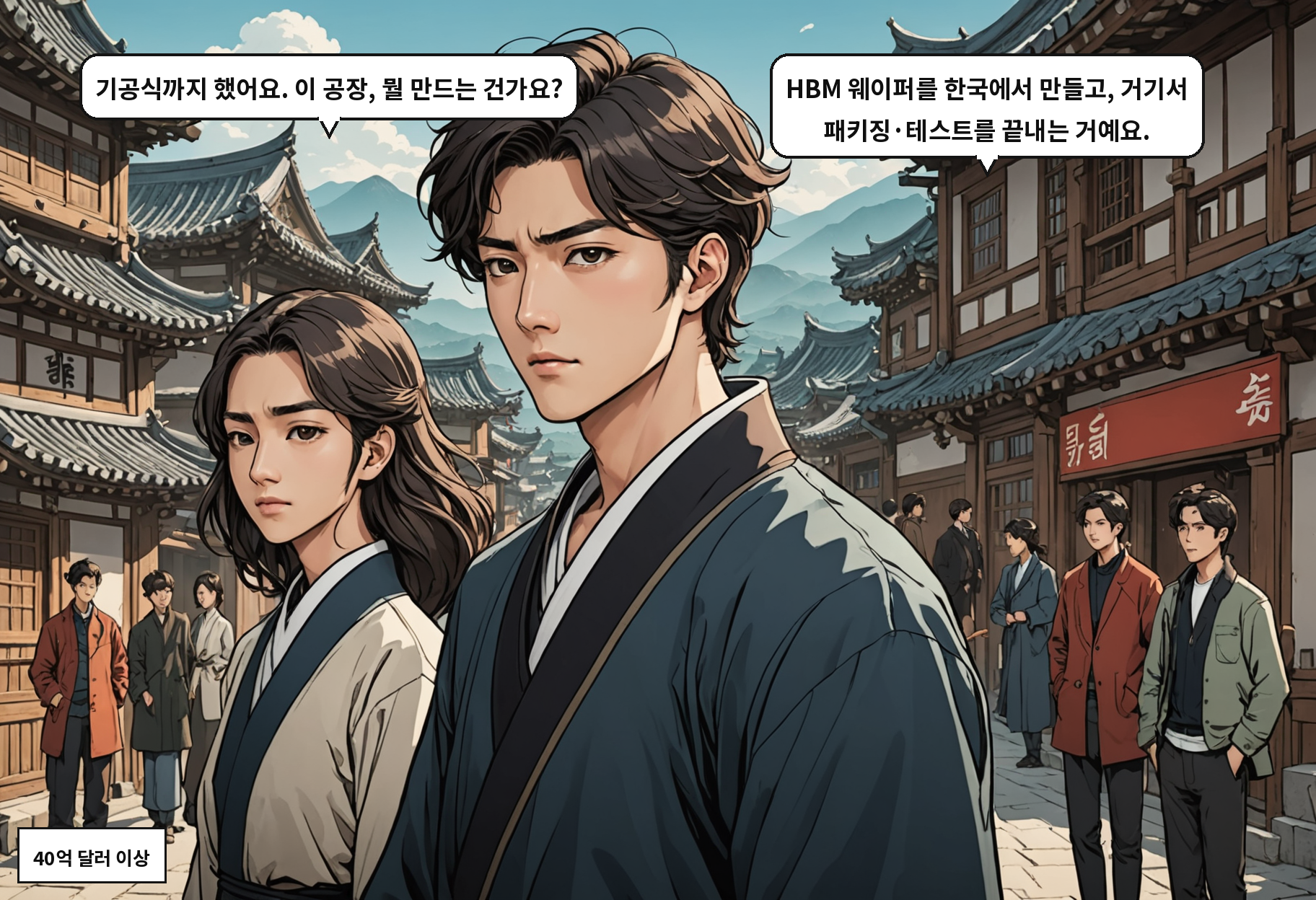 A: 기공식까지 했어요. 이 공장, 뭘 만드는 건가요? B: HBM 웨이퍼를 한국에서 만들고, 거기서 패키징·테스트를 끝내는 거예요.