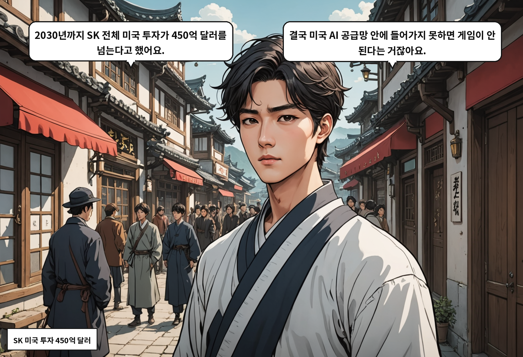 B: 2030년까지 SK 전체 미국 투자가 450억 달러를 넘는다고 했어요. A: 결국 미국 AI 공급망 안에 들어가지 못하면 게임이 안 된다는 거잖아요.