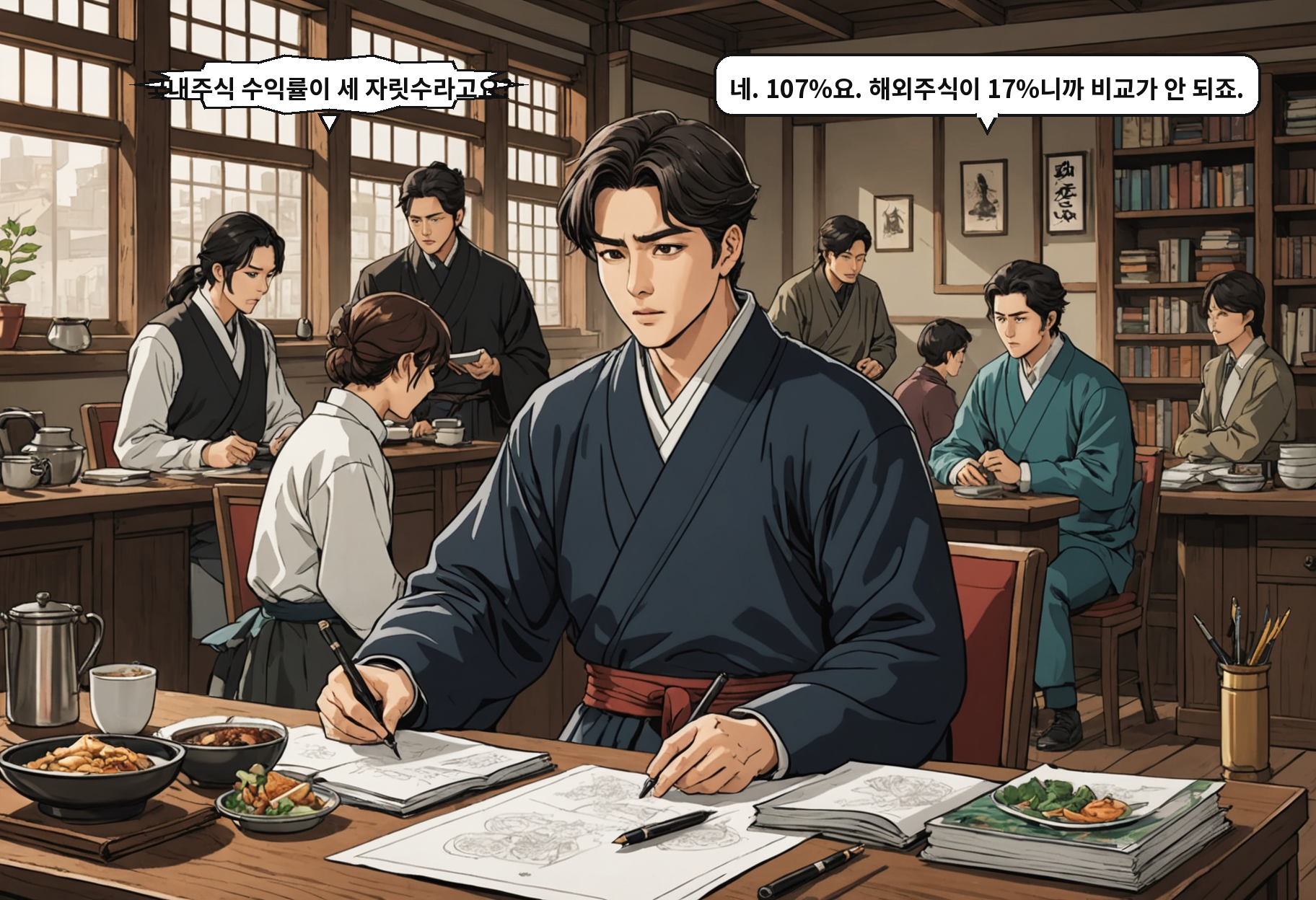 B: 국내주식 수익률이 세 자릿수라고요? A: 네. 107%요. 해외주식이 17%니까 비교가 안 되죠.