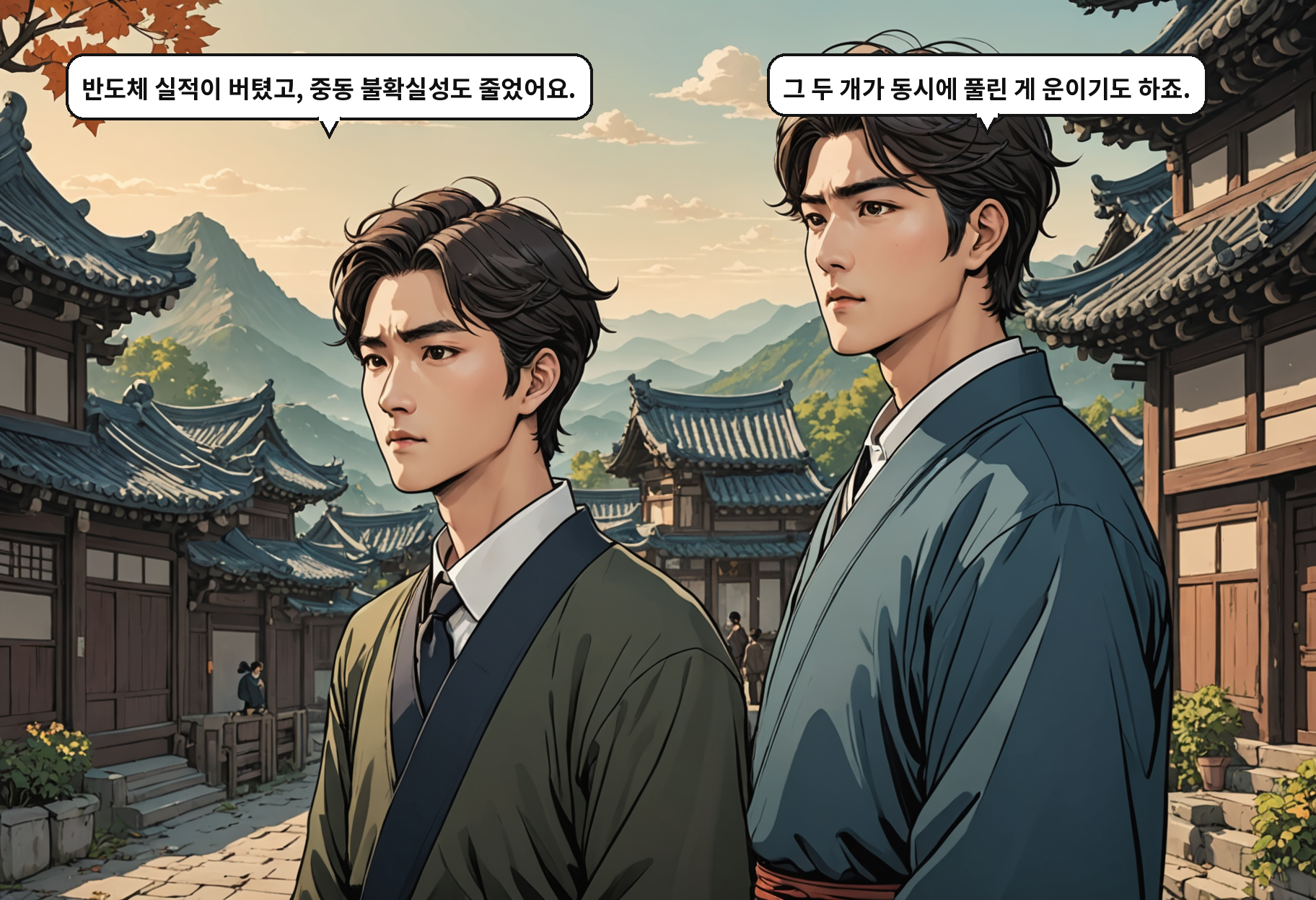 A: 반도체 실적이 버텼고, 중동 불확실성도 줄었어요. B: 그 두 개가 동시에 풀린 게 운이기도 하죠.