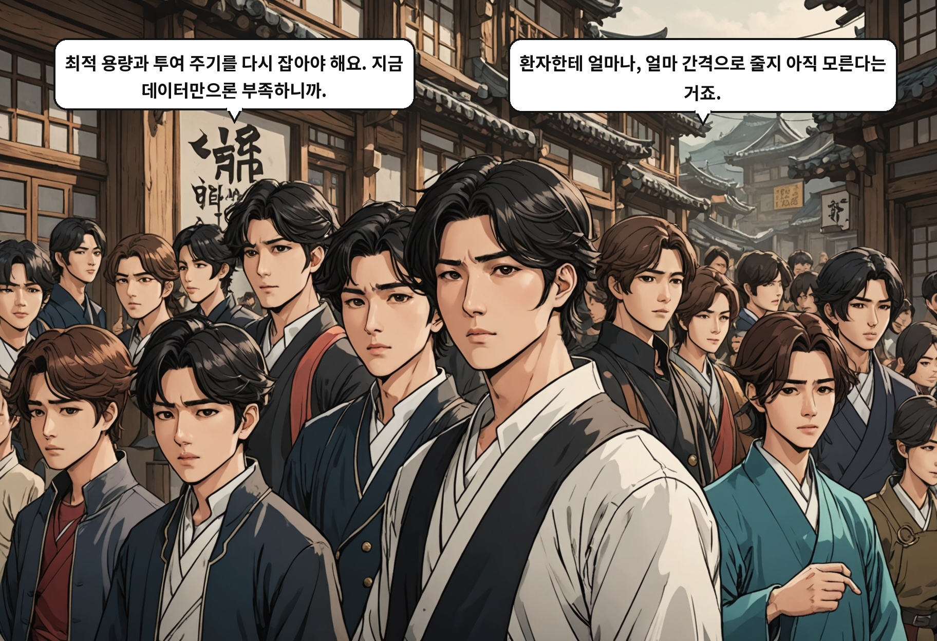 B: 최적 용량과 투여 주기를 다시 잡아야 해요. 지금 데이터만으론 부족하니까. A: 환자한테 얼마나, 얼마 간격으로 줄지 아직 모른다는 거죠.